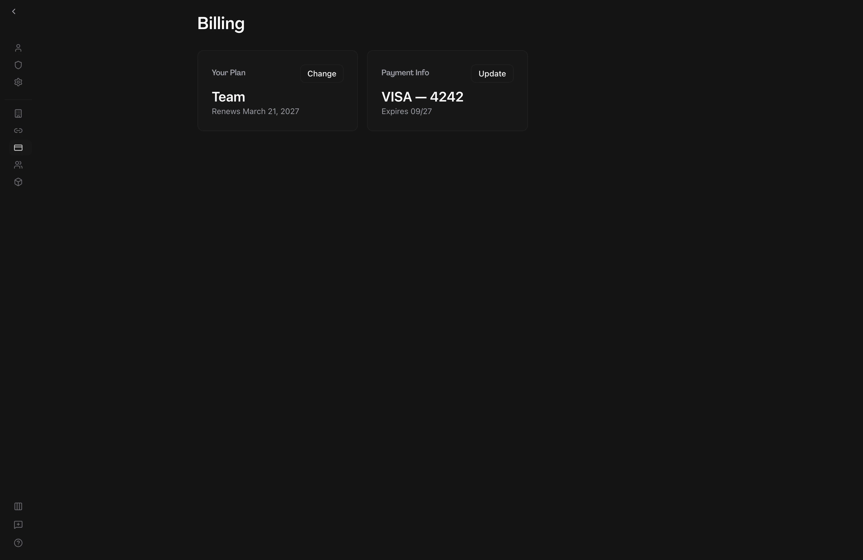 User on the Billing page in account settings, with a Your Plan card displaying the current plan, its renewal date, and a Change control, beside a Payment Info card showing the saved card and an Update control, indicating plan and payment details sit side by side on one billing surface.