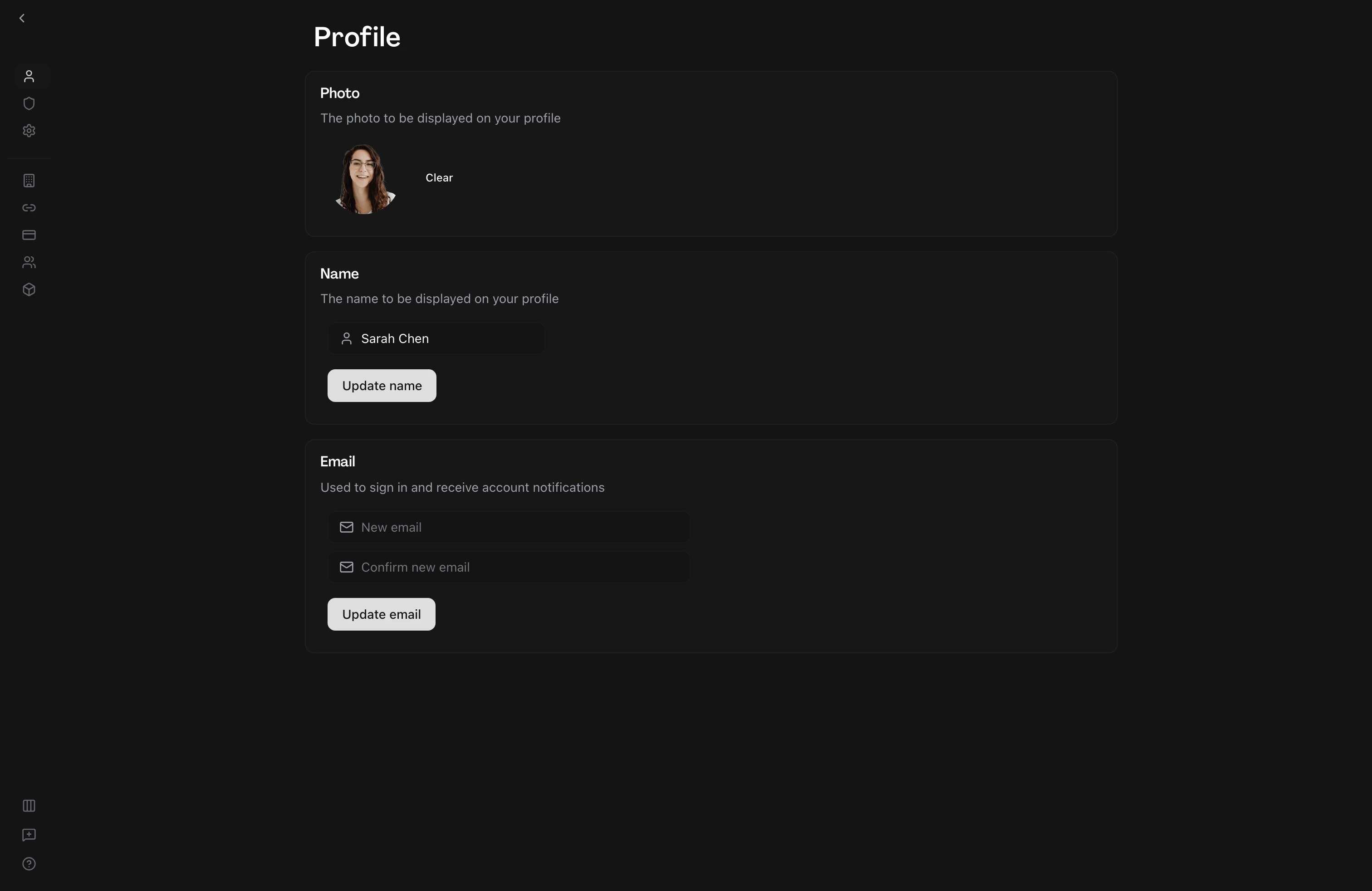 User on the personal account settings Profile page, displaying the Photo, Name, and Email sections in the settings sidebar: an avatar with a Clear option, a name field paired with an Update name button, and New email and Confirm new email fields paired with an Update email button.
