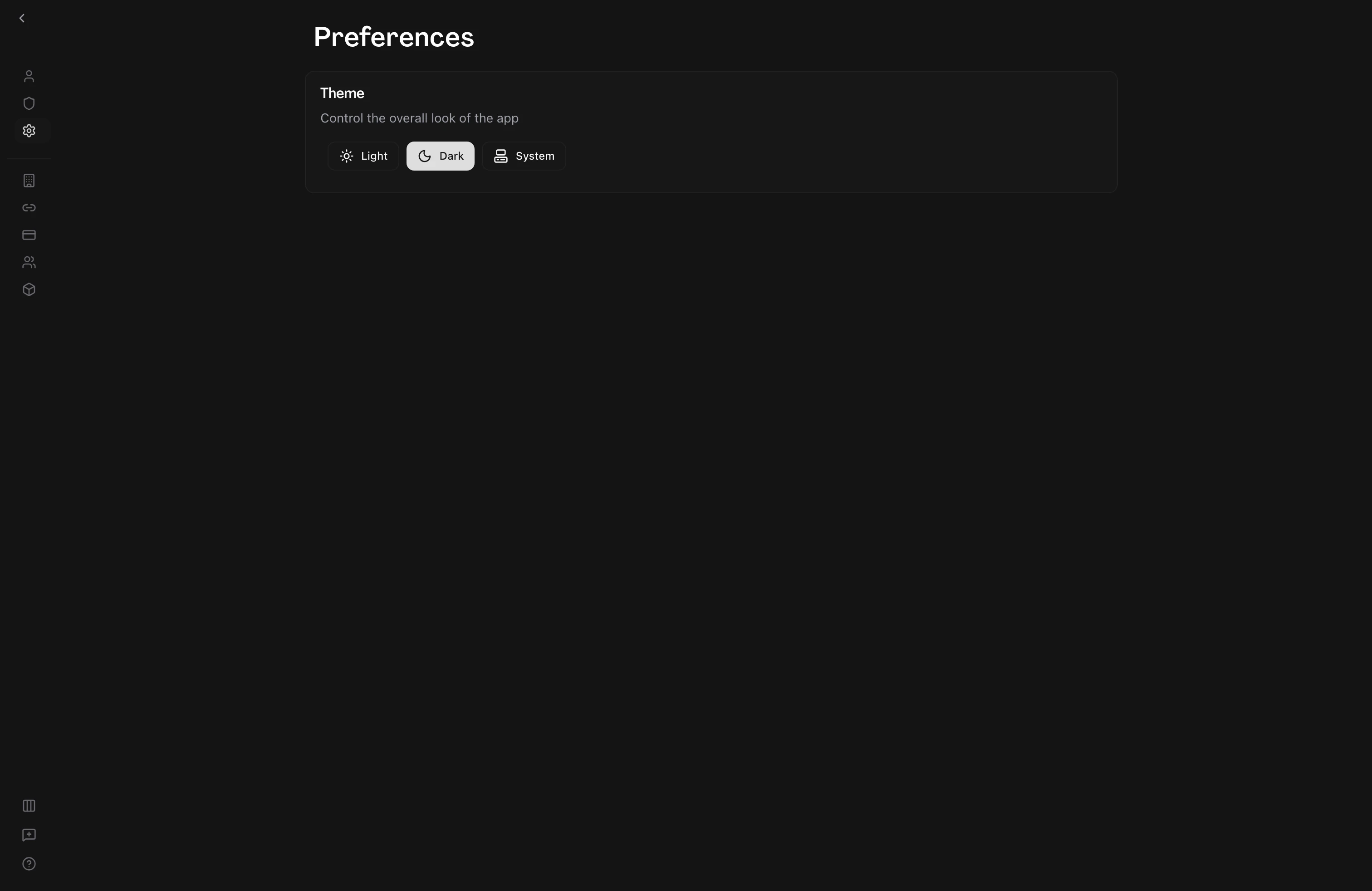 User on the Preferences page in account settings, displaying a Theme card with Light, Dark, and System options and Dark currently selected.