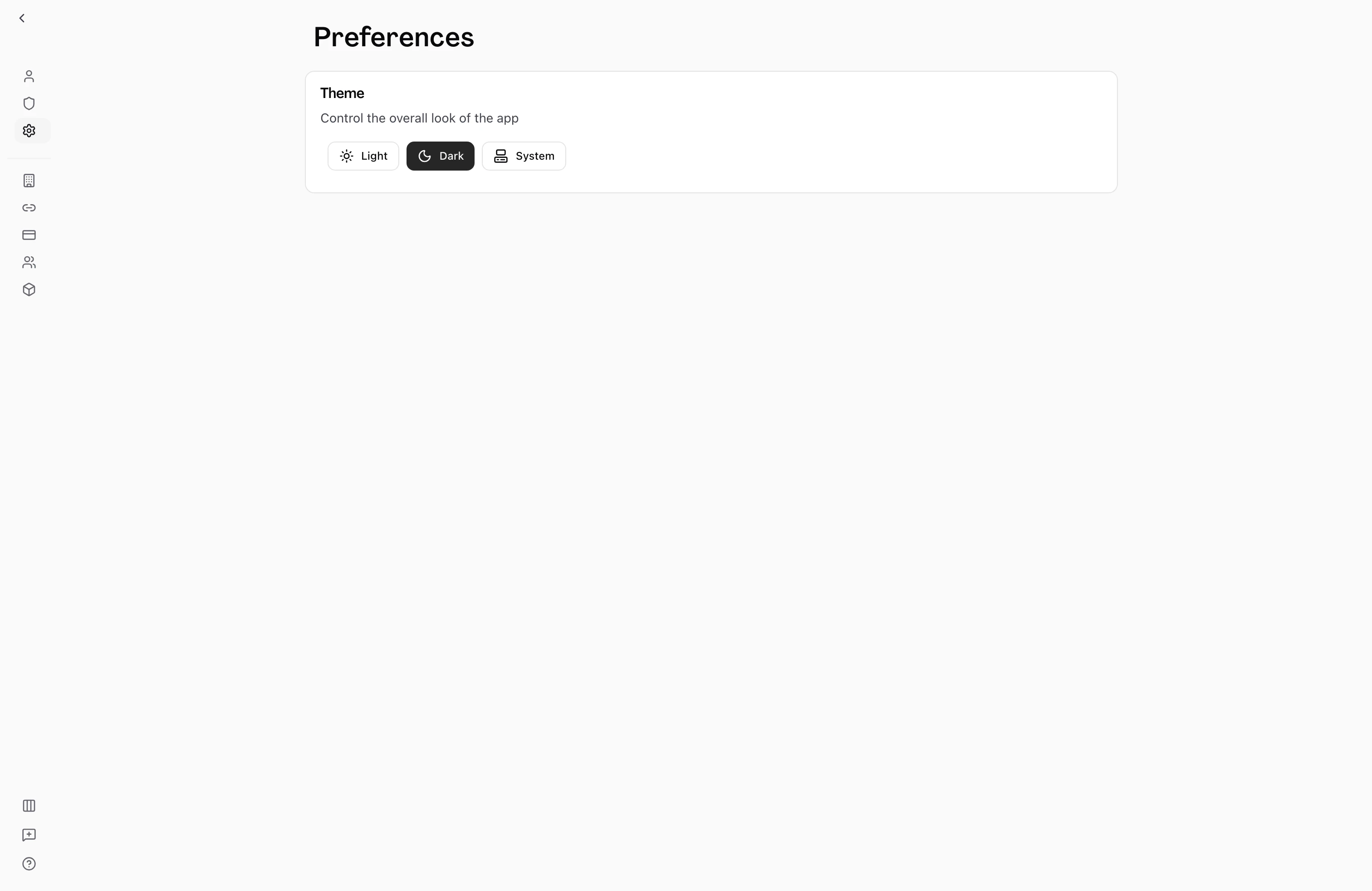 User on the Preferences page in account settings, displaying a Theme card with Light, Dark, and System options and Dark currently selected.