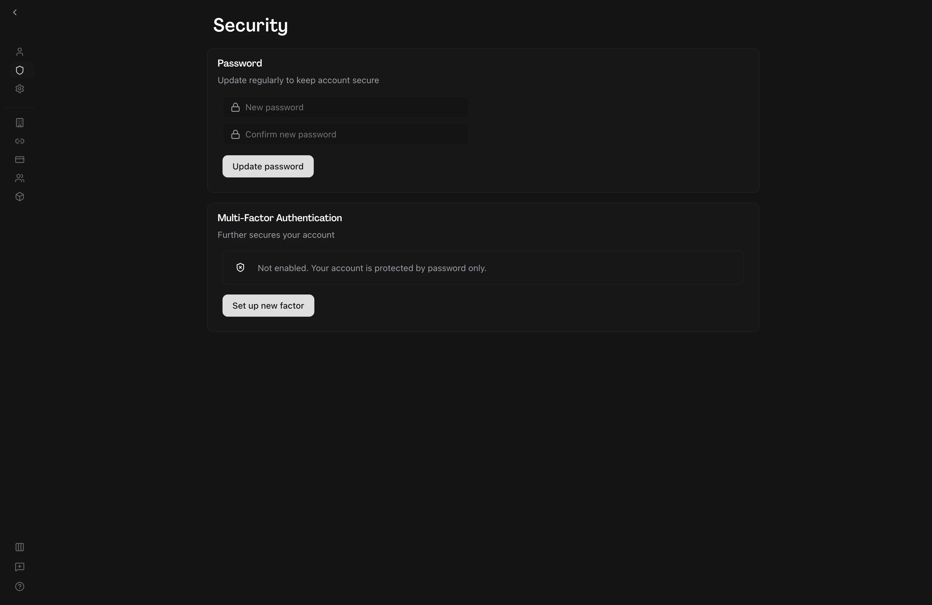 User on the account settings Security page, with a Password section displaying New password and Confirm new password fields above an Update password button, and a Multi-Factor Authentication section below it marked Not enabled alongside a Set up new factor button.