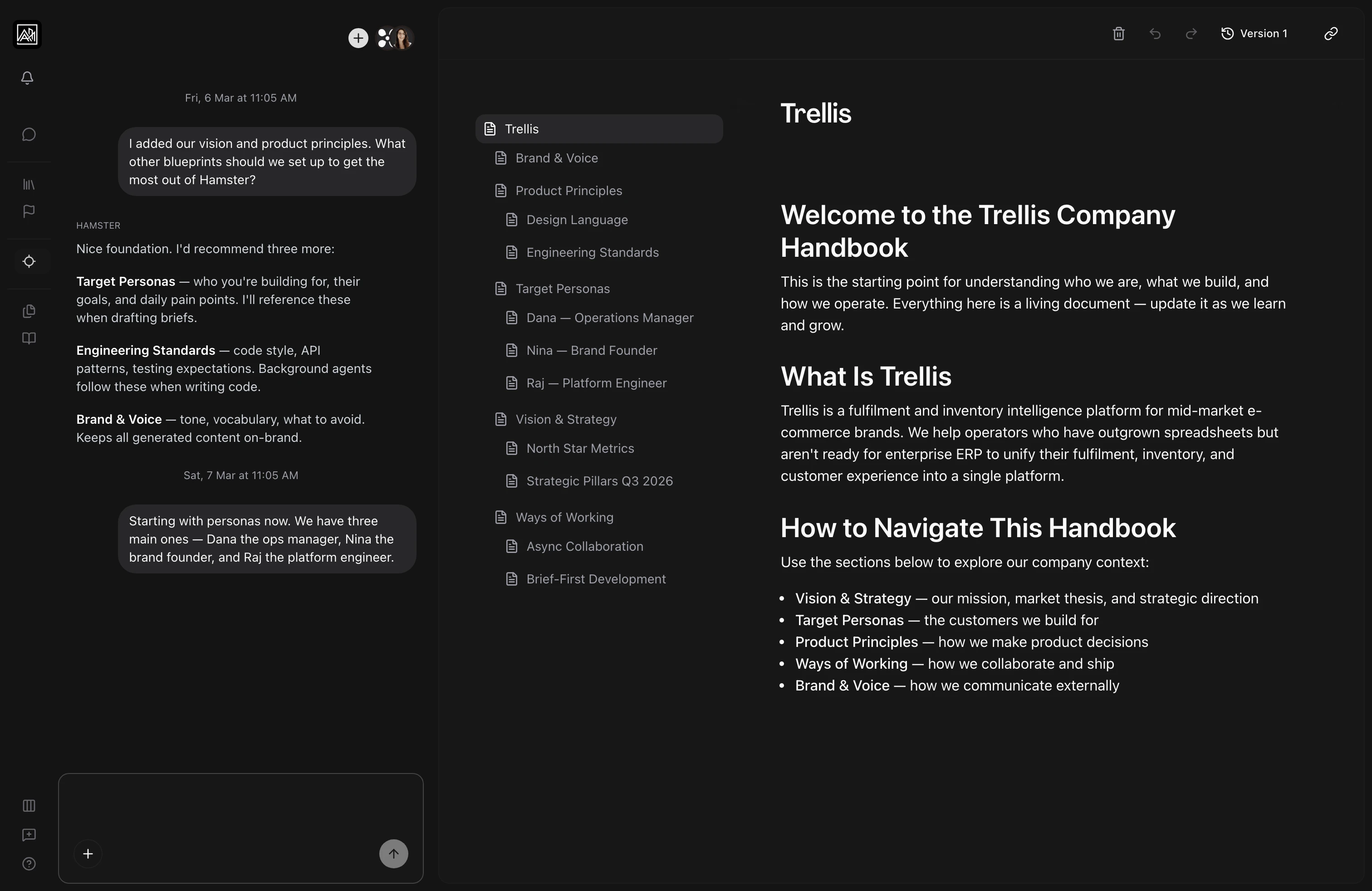 User on a blueprint page laid out in three columns, with the chat conversation and chat input on the left, the nested page outline in the center, and the open blueprint's headings and bullet lists on the right.