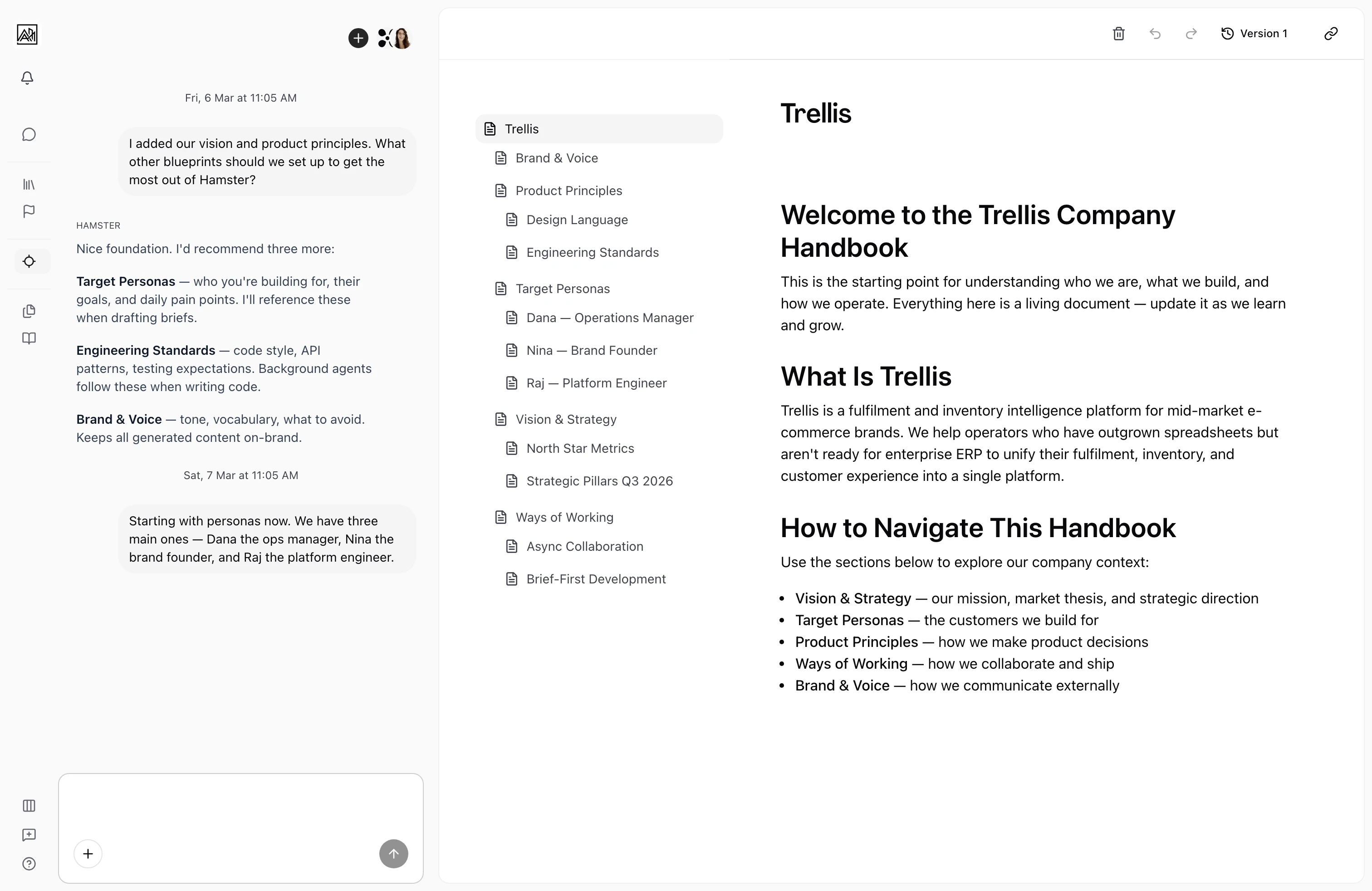 User on a blueprint page laid out in three columns, with the chat conversation and chat input on the left, the nested page outline in the center, and the open blueprint's headings and bullet lists on the right.
