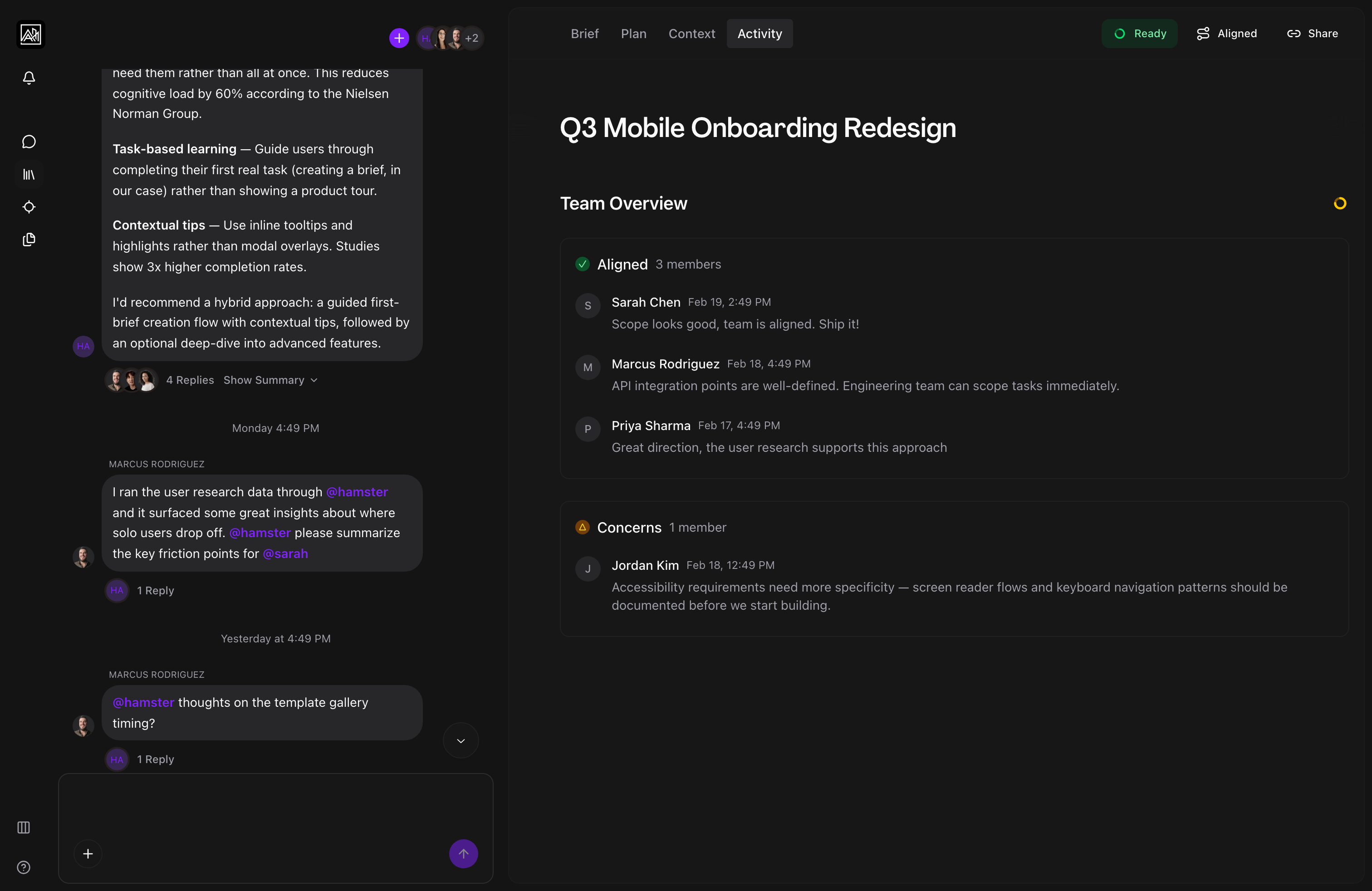 Activity timeline showing team alignment status