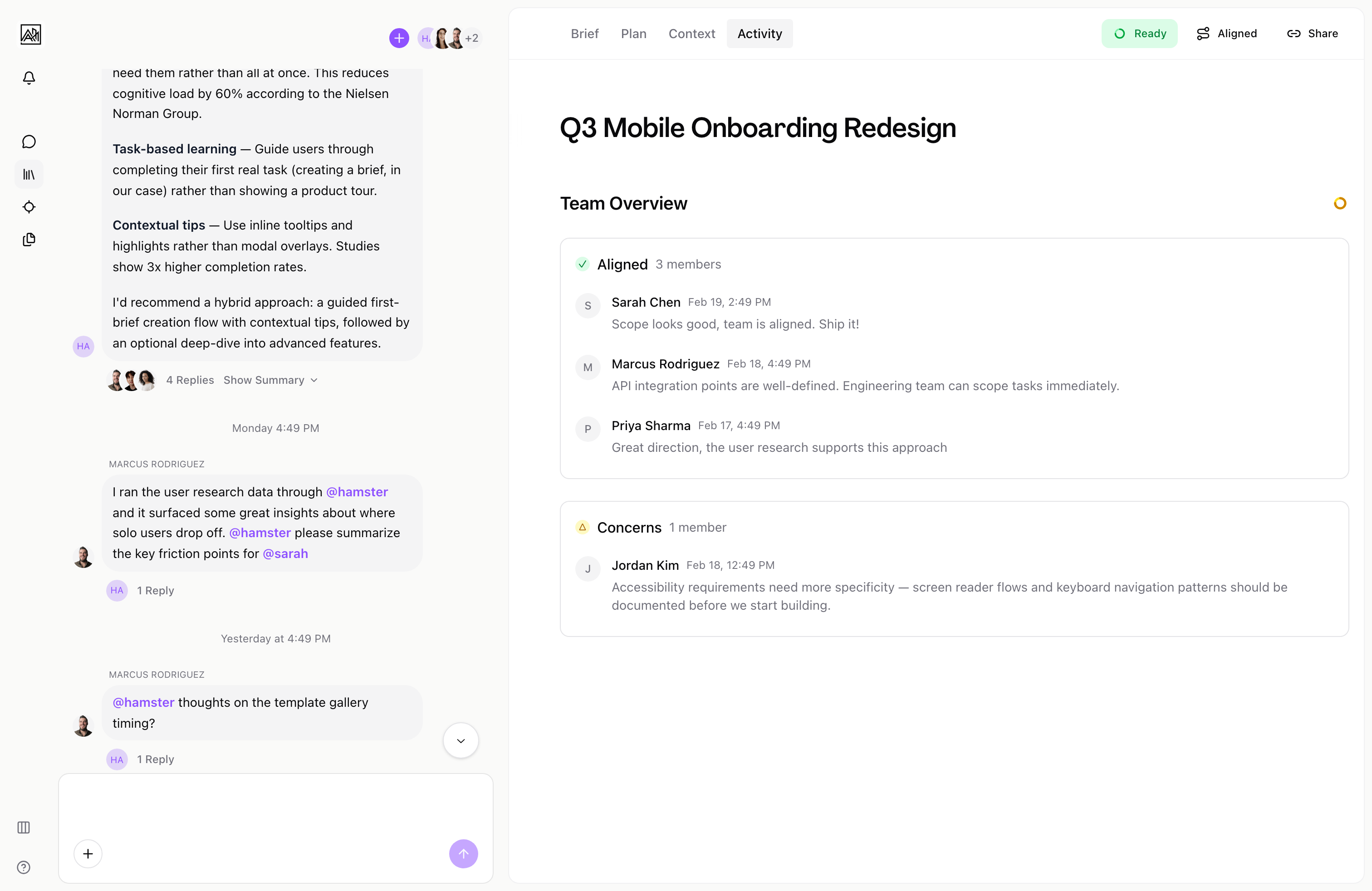 Activity timeline showing team alignment status