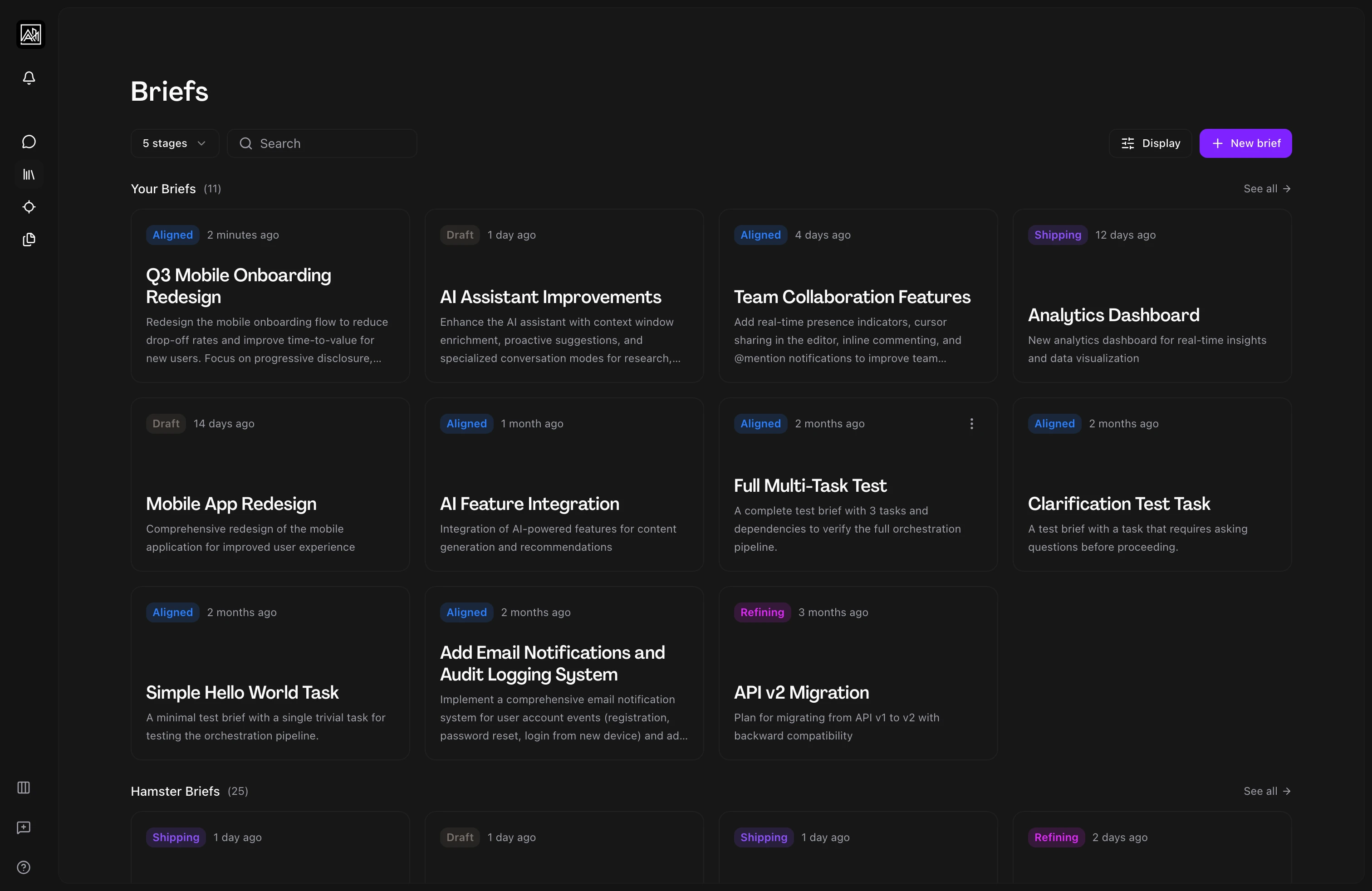 Hamster brief status overview showing spec-to-delivery traceability for product managers