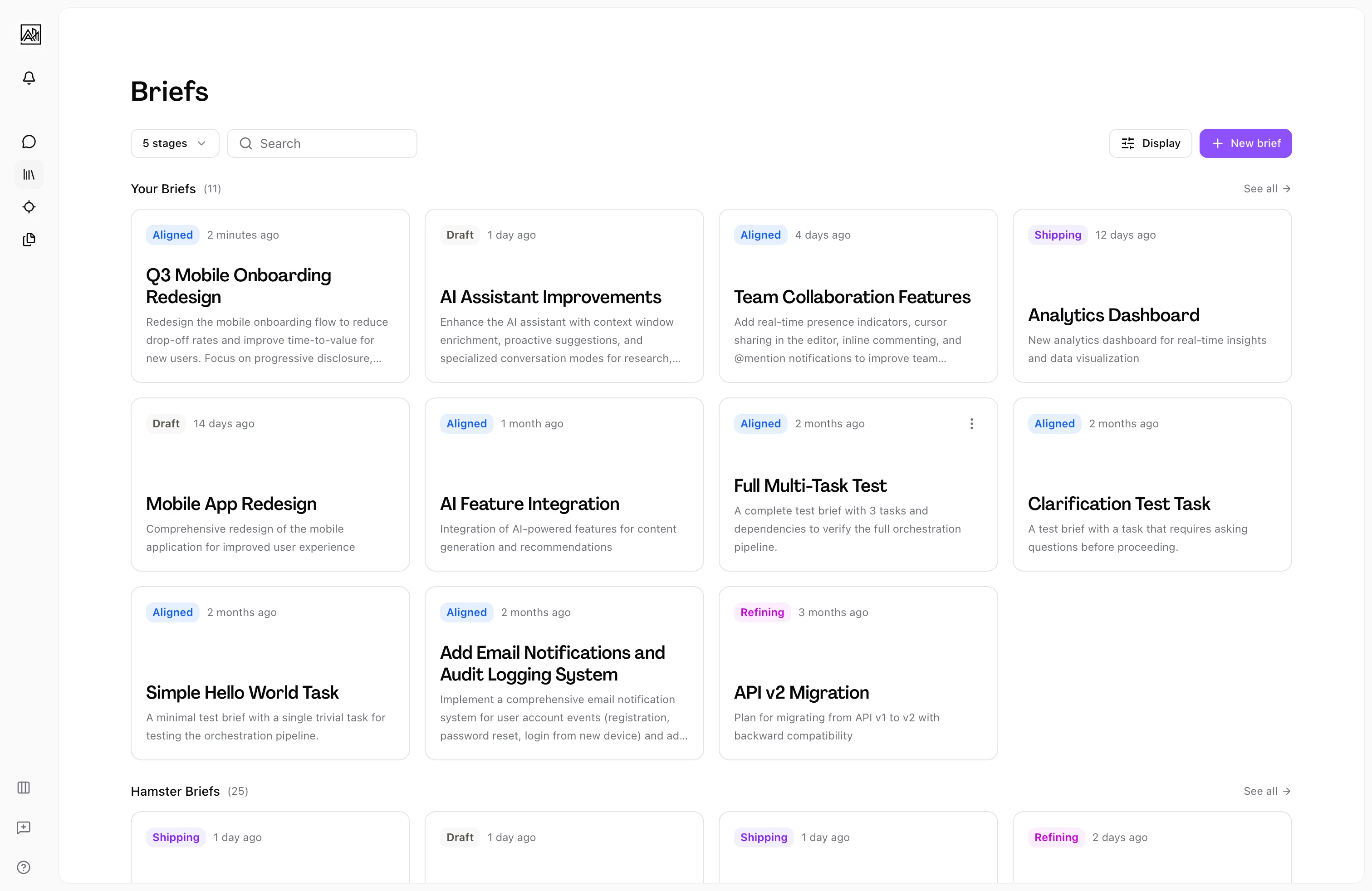 Hamster brief status overview showing spec-to-delivery traceability for product managers