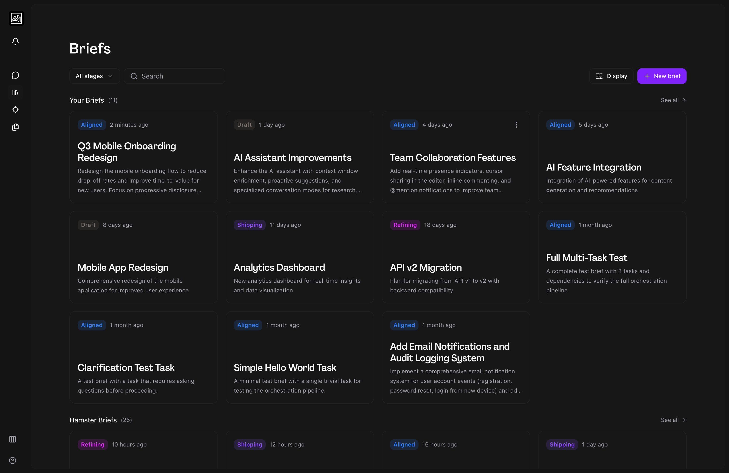 Briefs list in Hamster Studio