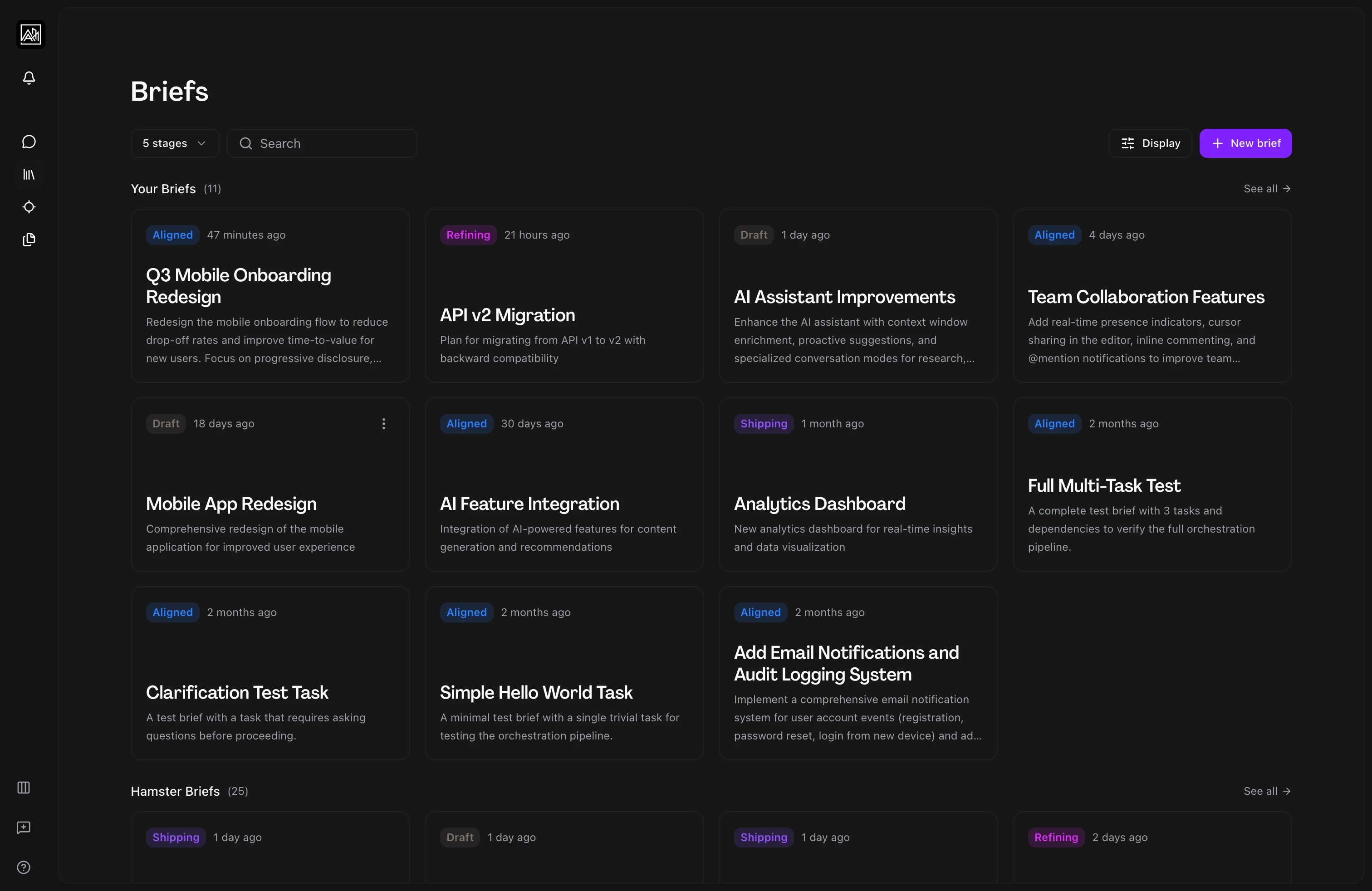 Briefs list in Hamster Studio