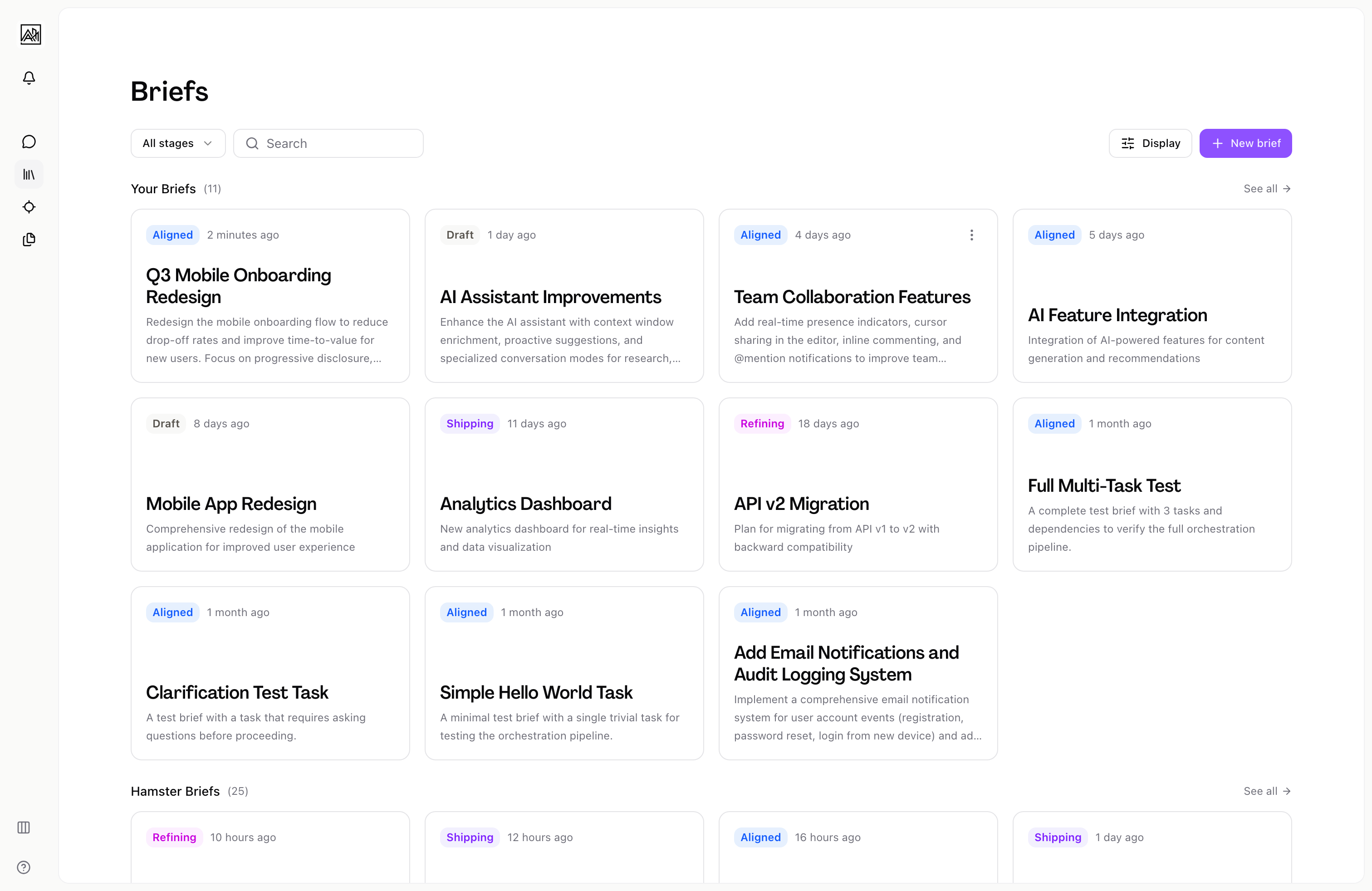 Briefs list in Hamster Studio
