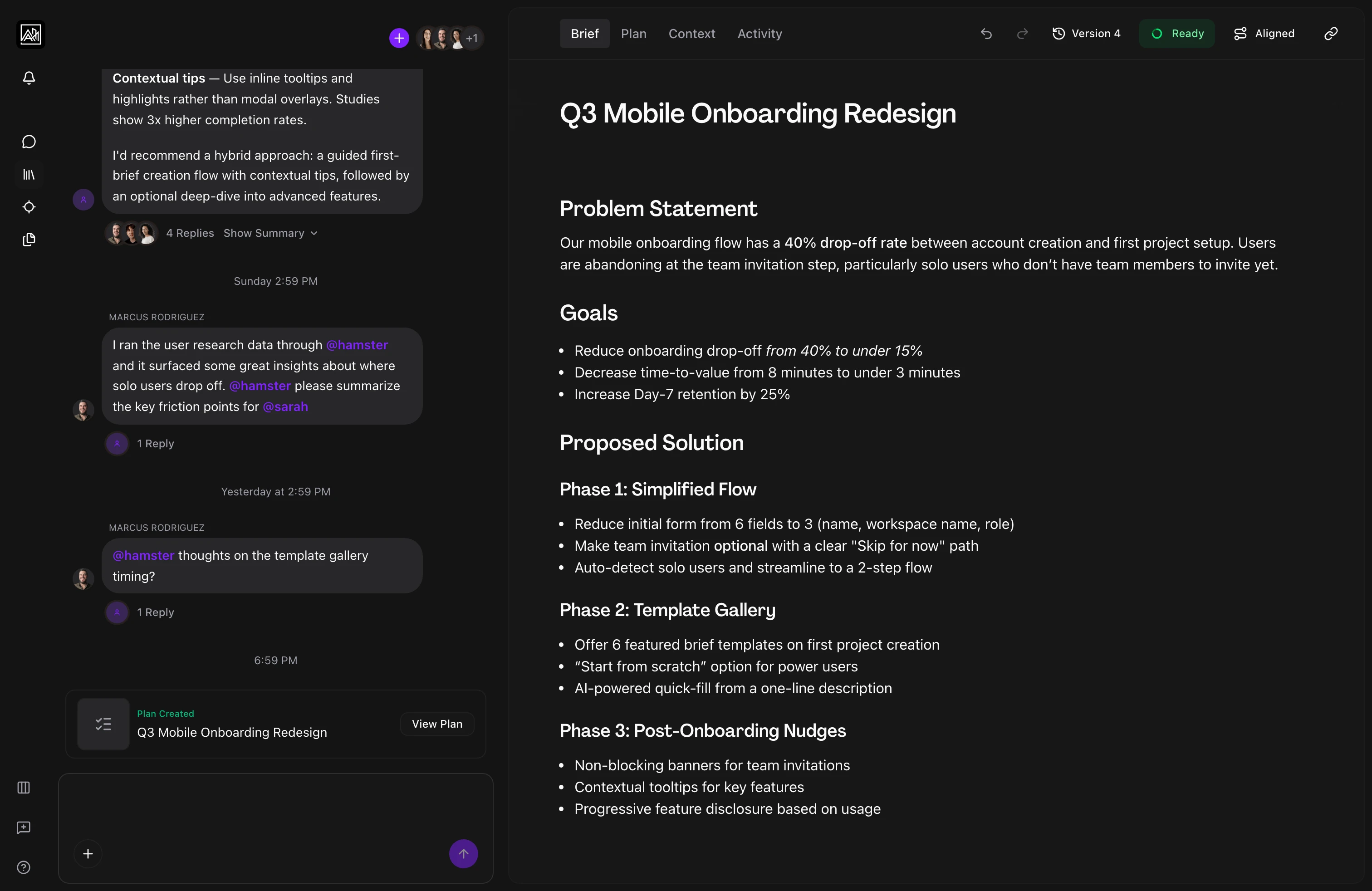 Hamster brief editor capturing design intent, user flows, and acceptance criteria