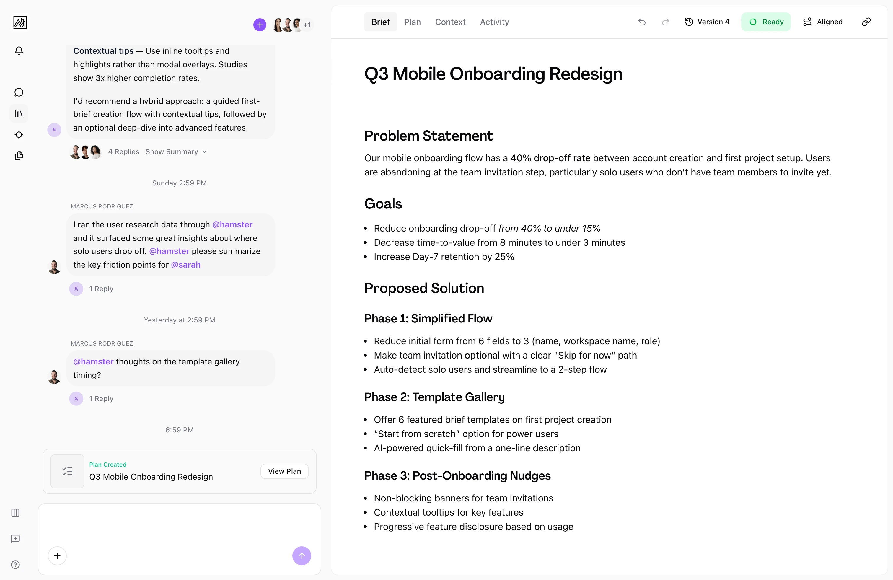 Hamster brief editor capturing design intent, user flows, and acceptance criteria