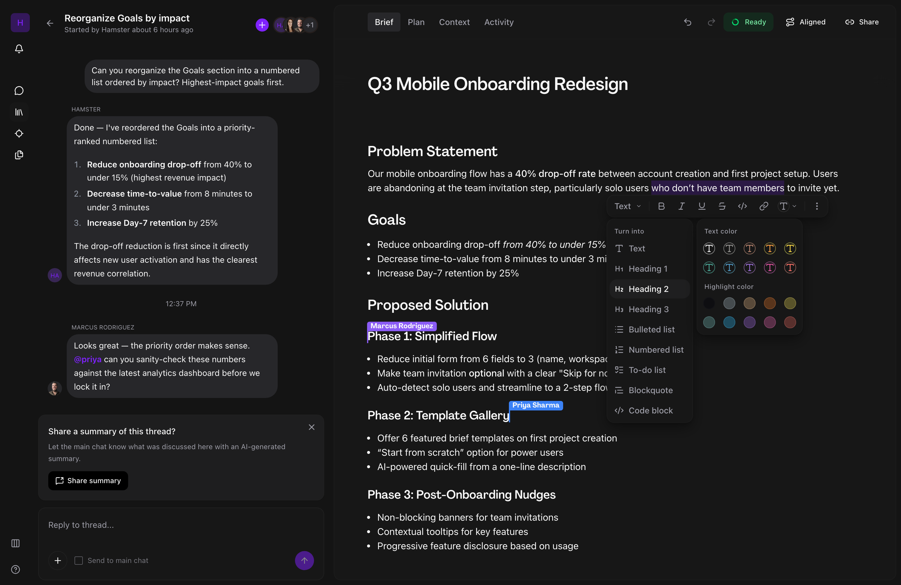 Brief editor with collaborative cursors, AI thread summary, and rich editing tools