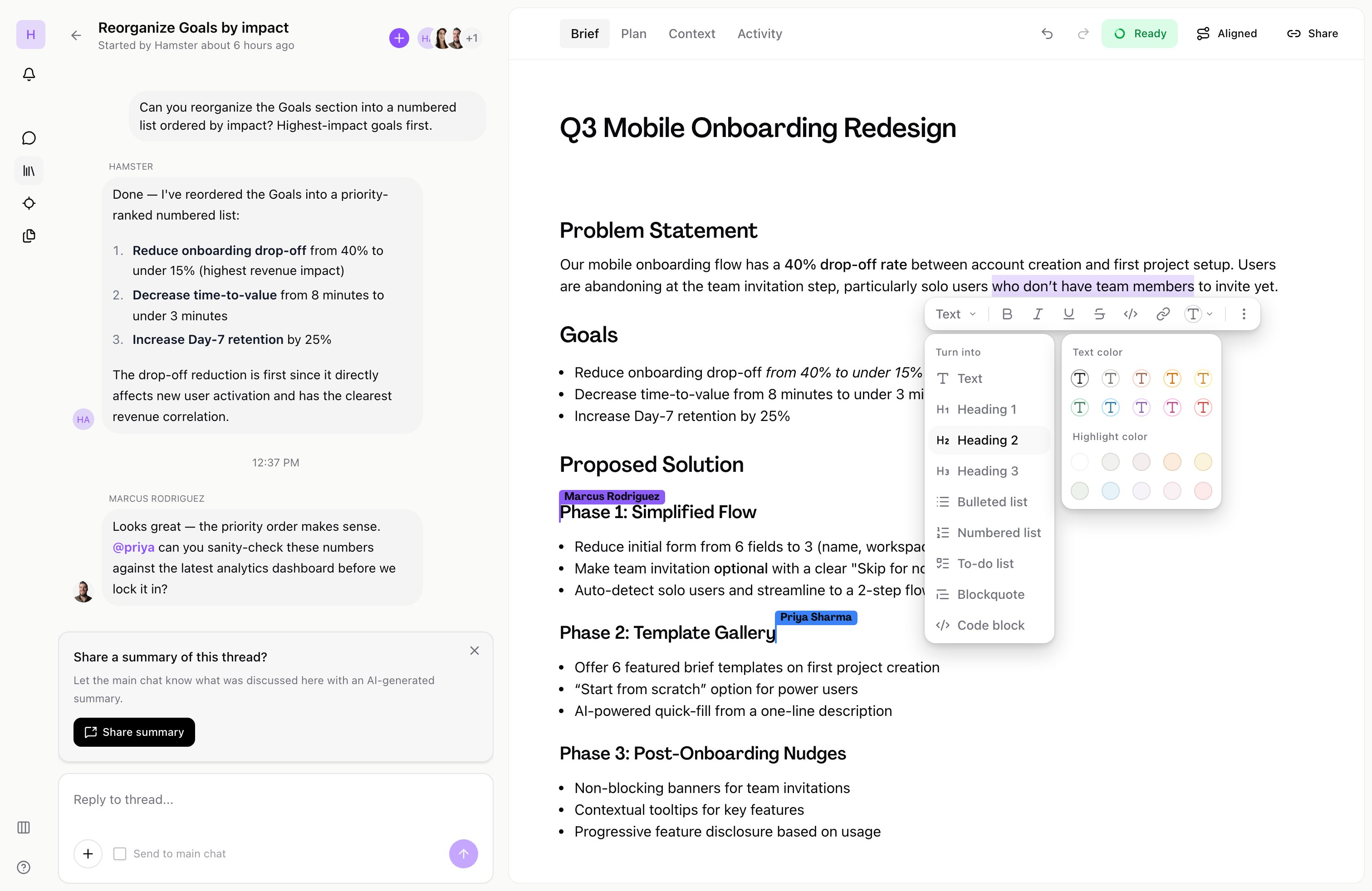 Brief editor with collaborative cursors, AI thread summary, and rich editing tools
