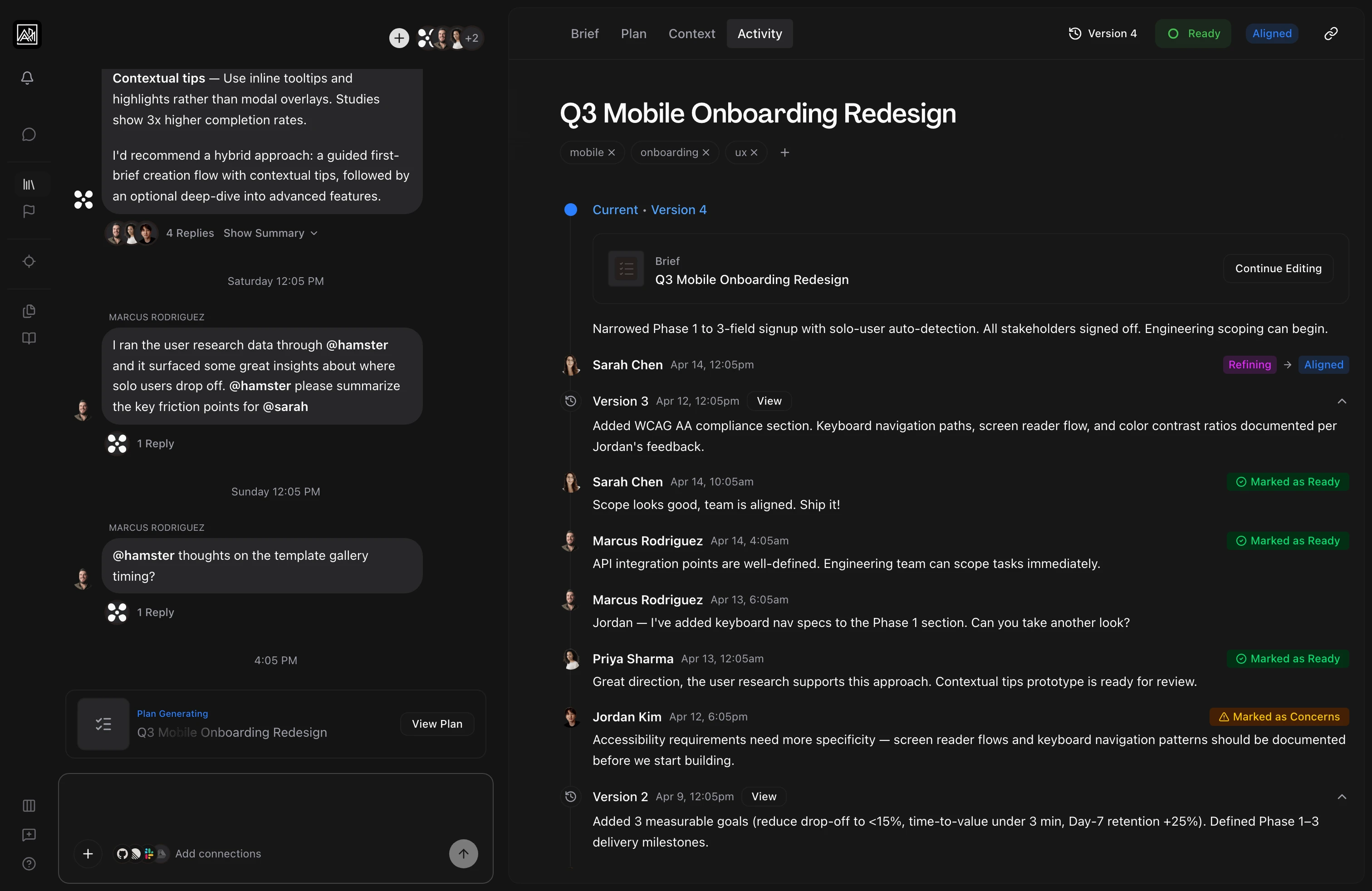 User on the Activity tab of a brief, the Brief, Plan, Context, and Activity tabs in the header alongside Ready and Aligned status pills. The activity feed displays a chronological run of teammate comments and version-history entries with @mentions inline and Marked as Ready, Refining, and Aligned status labels, a comment thread rail open on the left, indicating the brief's full comment and version trail sits in one place beside the threaded discussion.