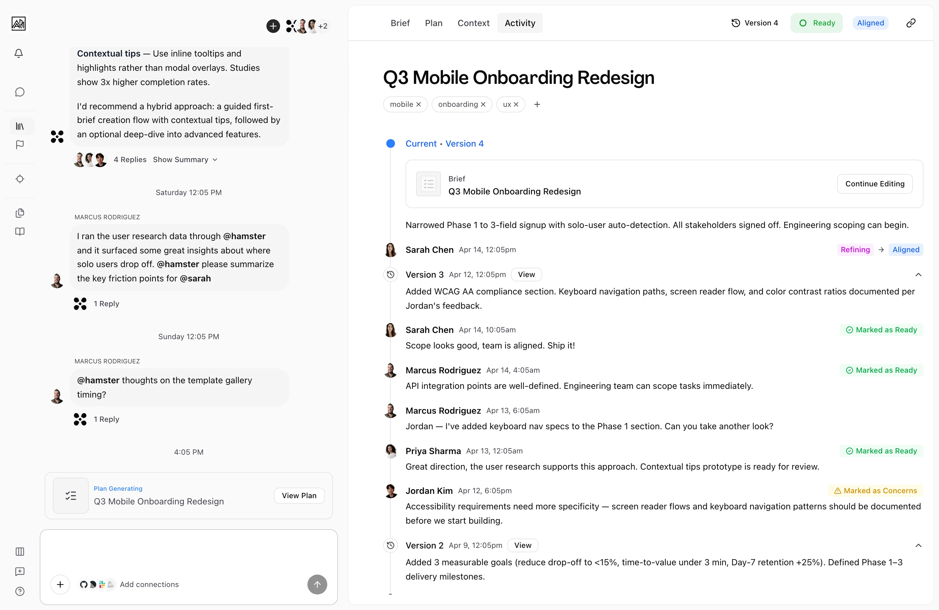 User on the Activity tab of a brief, the Brief, Plan, Context, and Activity tabs in the header alongside Ready and Aligned status pills. The activity feed displays a chronological run of teammate comments and version-history entries with @mentions inline and Marked as Ready, Refining, and Aligned status labels, a comment thread rail open on the left, indicating the brief's full comment and version trail sits in one place beside the threaded discussion.