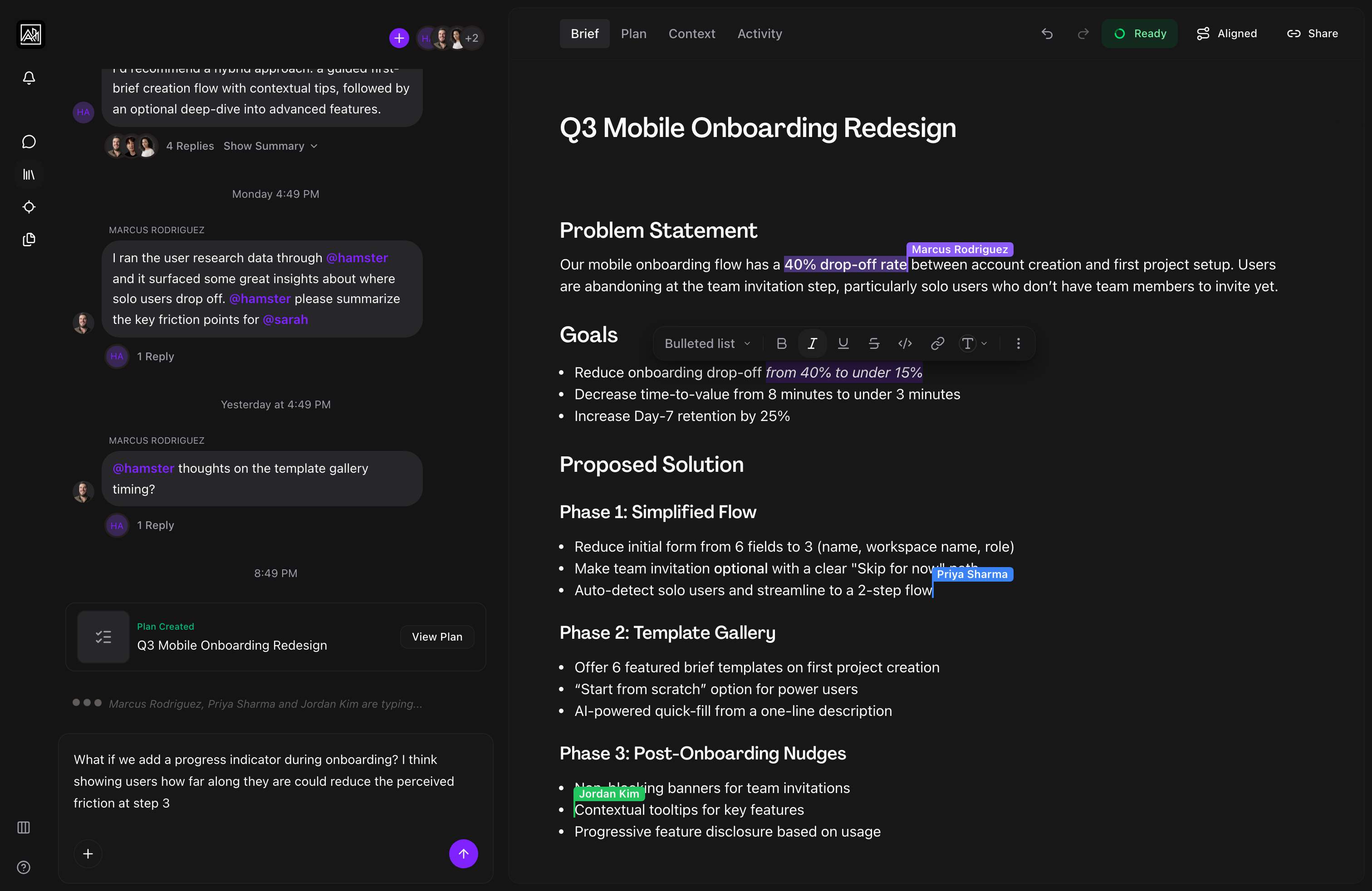 Multiple collaborators editing a brief simultaneously with live cursors and typing indicators