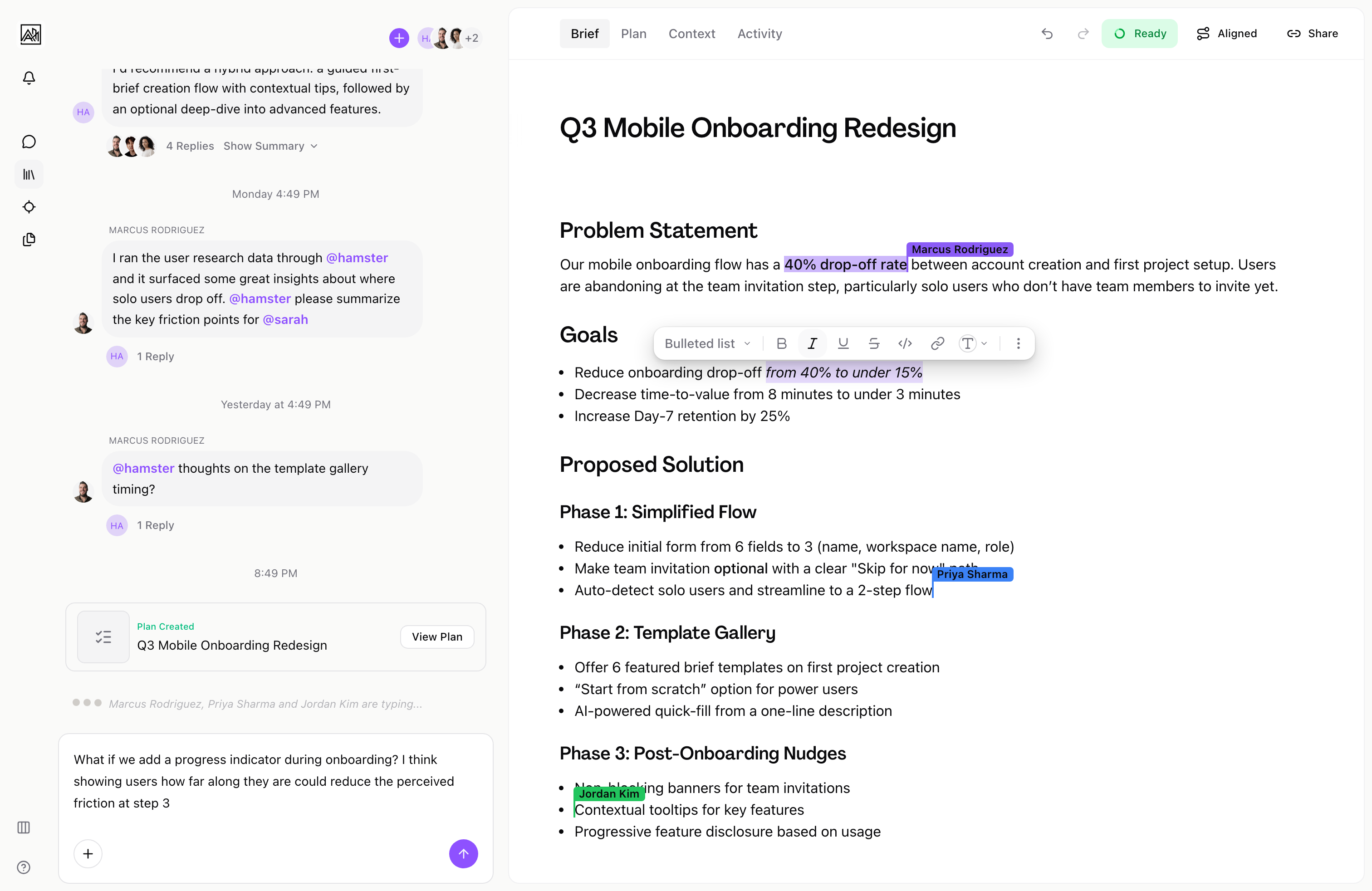 Multiple collaborators editing a brief simultaneously with live cursors and typing indicators