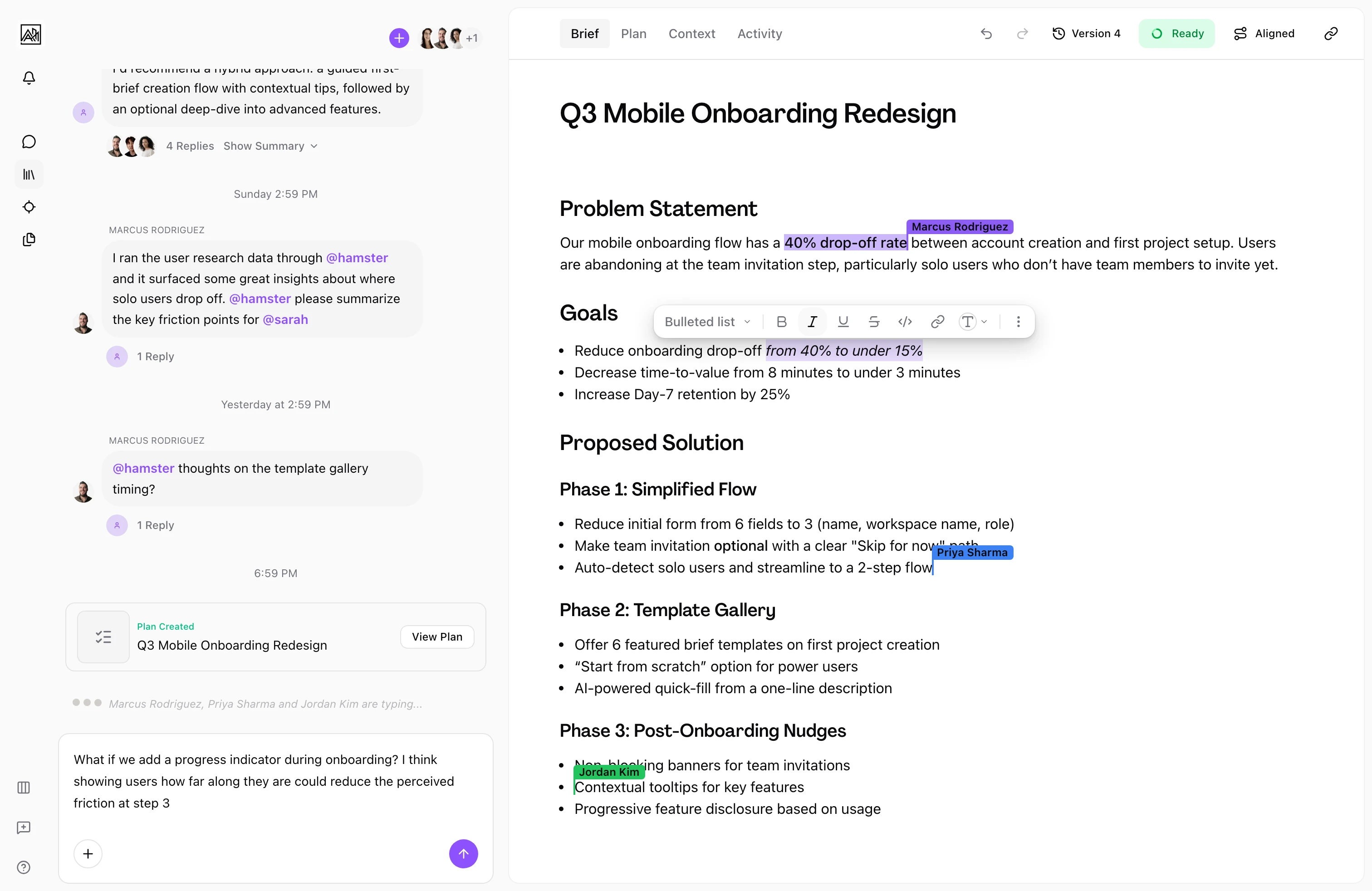 Multiple collaborators editing a brief simultaneously with live cursors and typing indicators