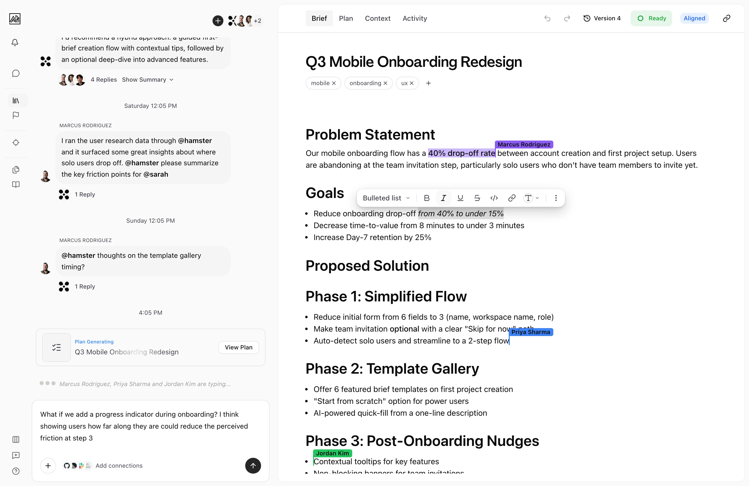 User on the Brief tab of a brief with multiple participants editing the body collaboratively, named collaborator selection highlights landing on different text spans and a comment rail running down the left, while a Plan Generating card shows Hamster spinning up the plan, indicating teammates and Hamster work the same brief together in real time.