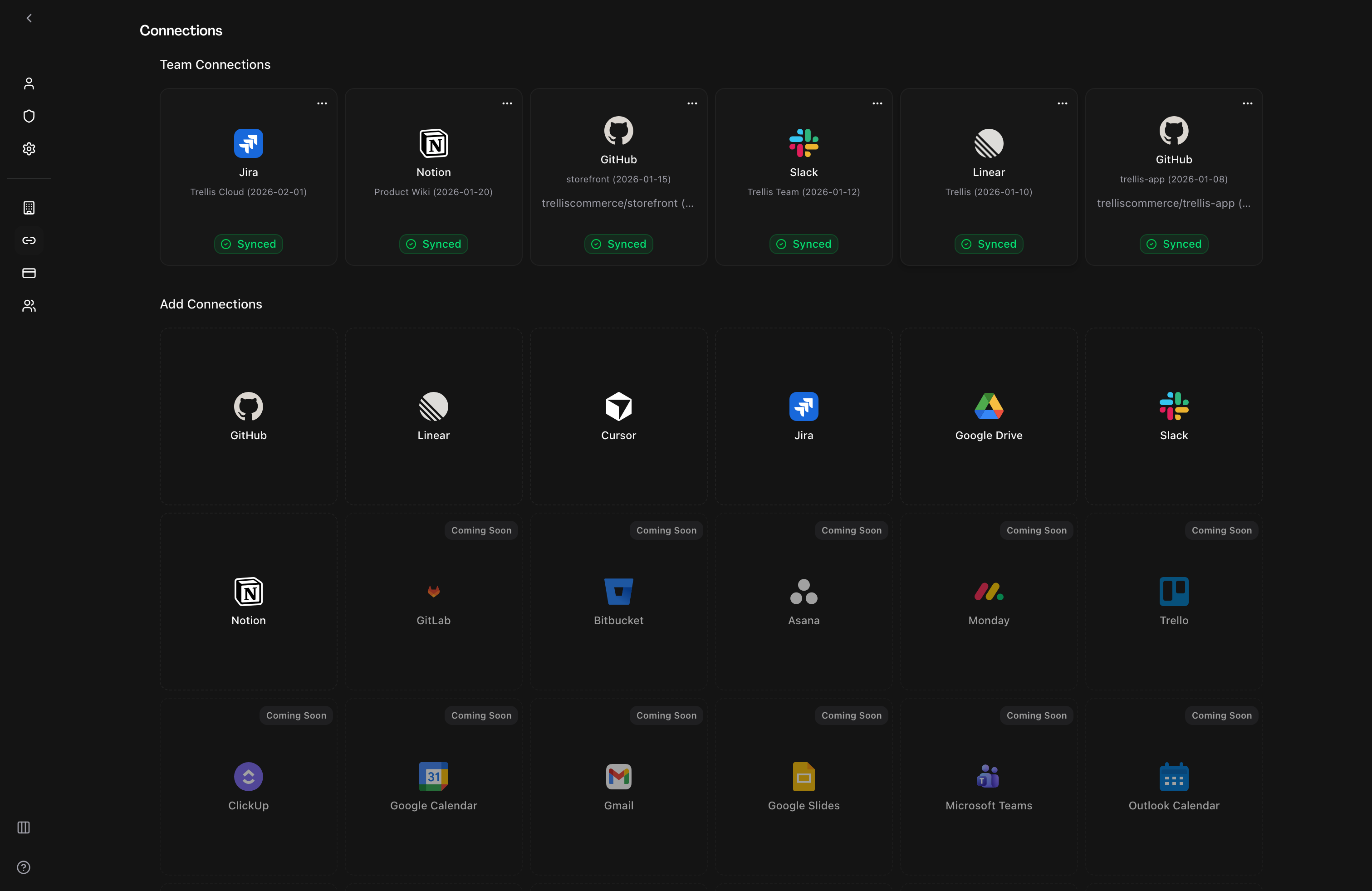 Connections page showing GitHub, Linear, Slack, Notion, and Jira integrations