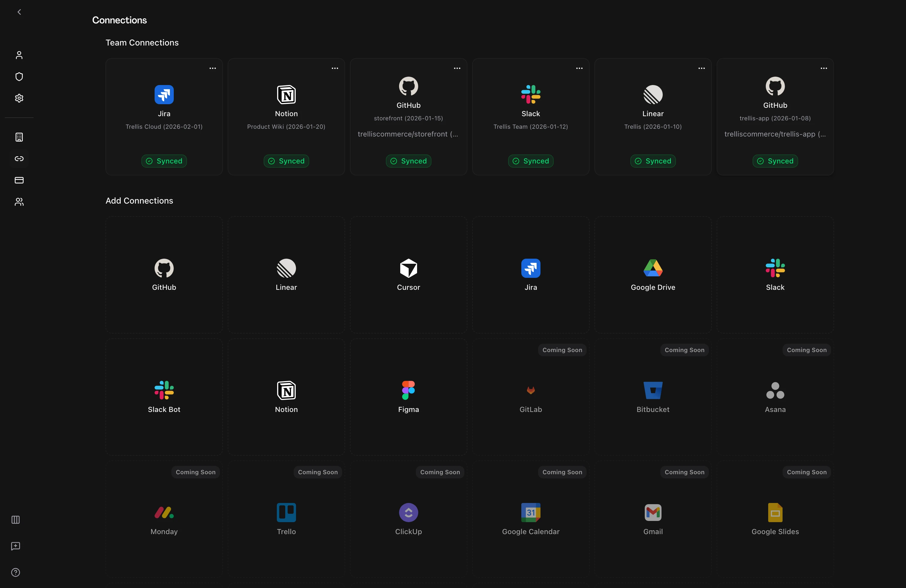 Connections page showing GitHub, Linear, Slack, Notion, and Jira integrations