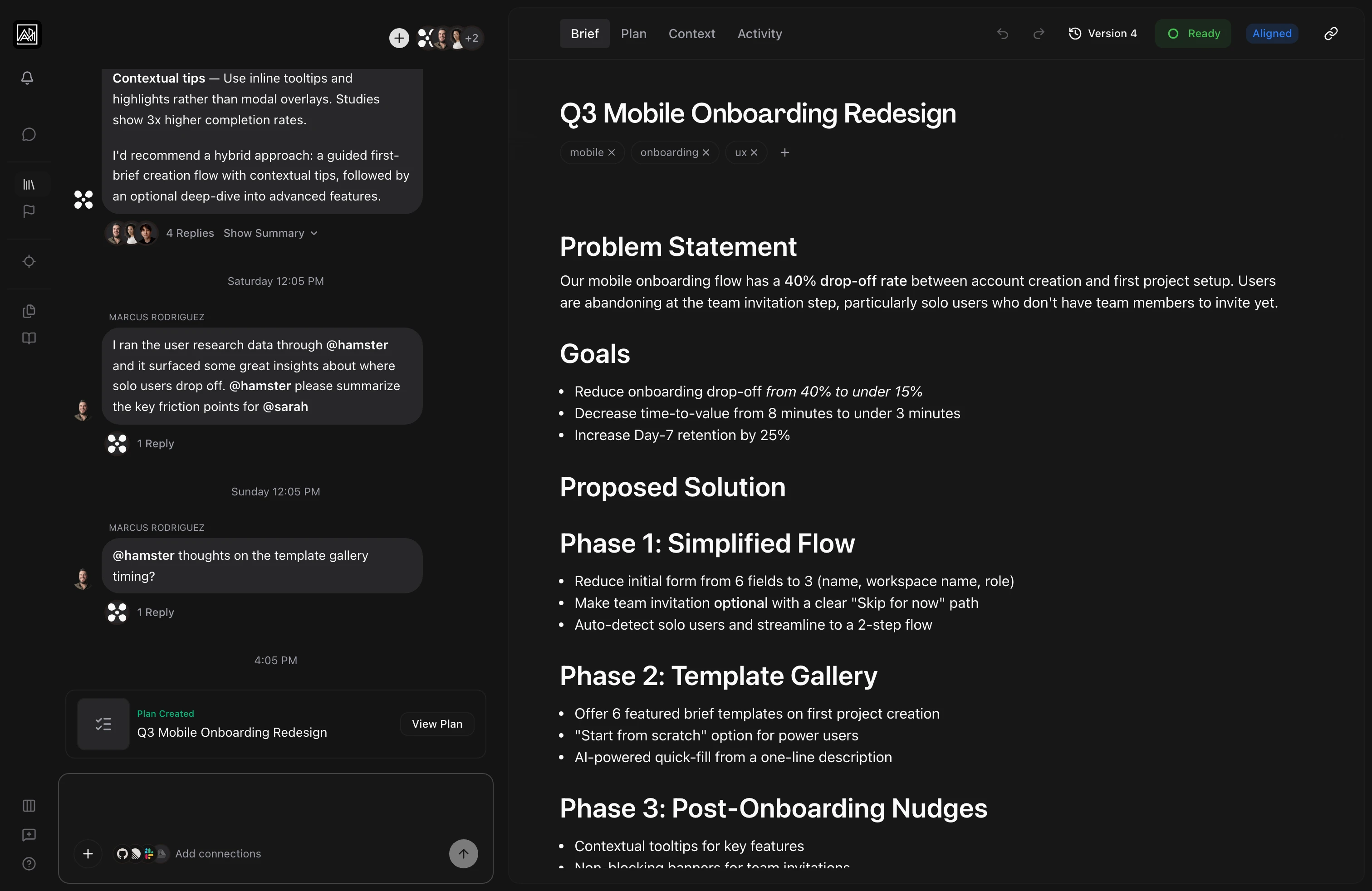 User on the Brief tab in a two-pane view, with the teammate conversation thread on the left carrying a Plan Created card and its View Plan affordance, and the brief document on the right showing the Problem Statement, Goals, and phased Proposed Solution sections, indicating the brief reads alongside its live discussion in one split surface.