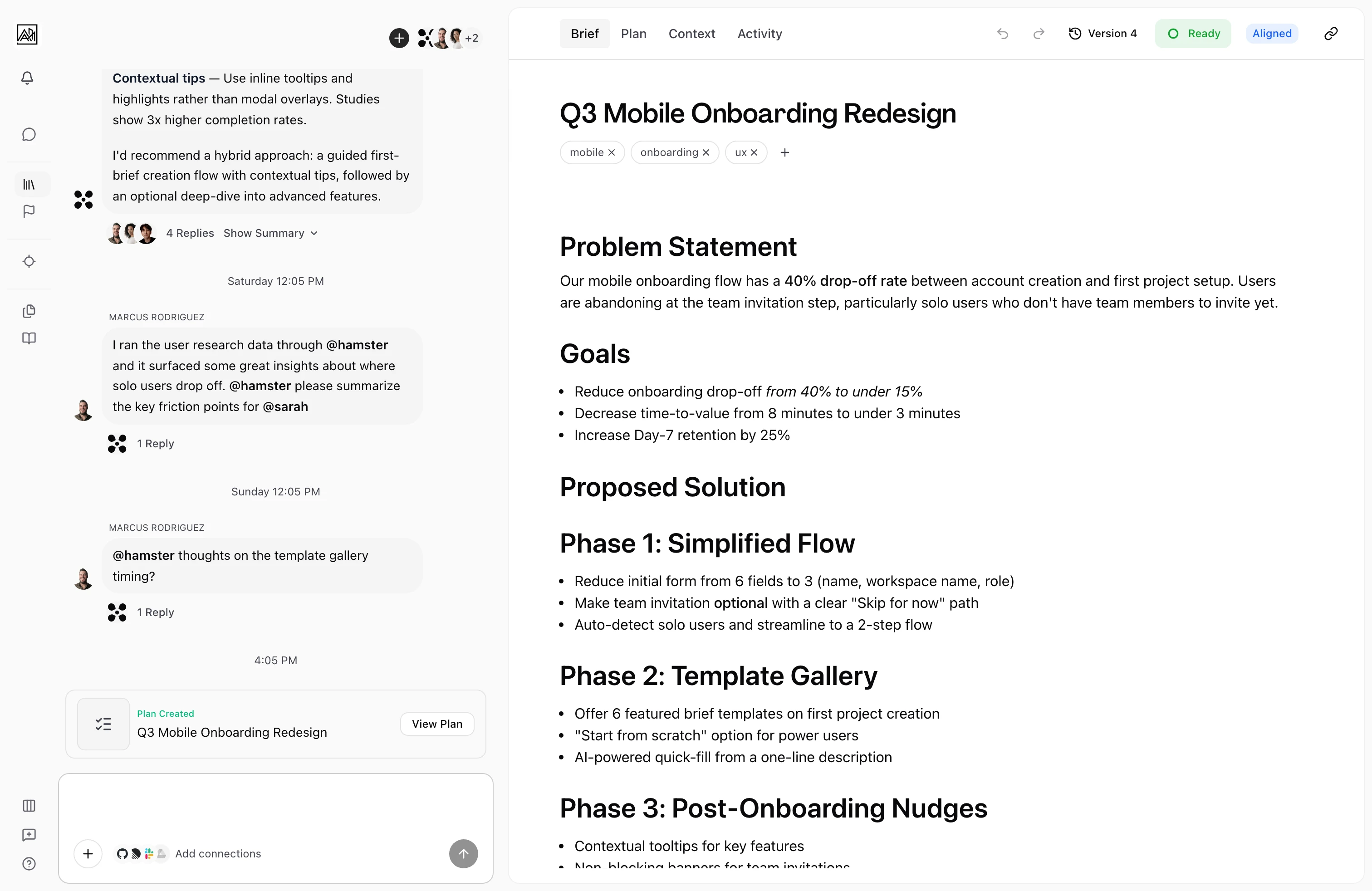 User on the Brief tab in a two-pane view, with the teammate conversation thread on the left carrying a Plan Created card and its View Plan affordance, and the brief document on the right showing the Problem Statement, Goals, and phased Proposed Solution sections, indicating the brief reads alongside its live discussion in one split surface.