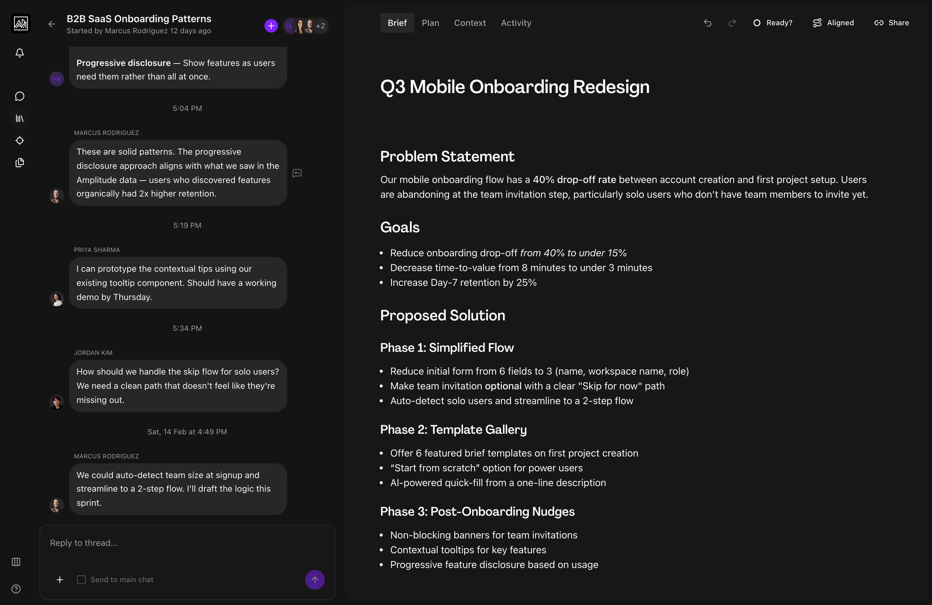 Sub-thread branched from a message showing focused discussion with AI summary