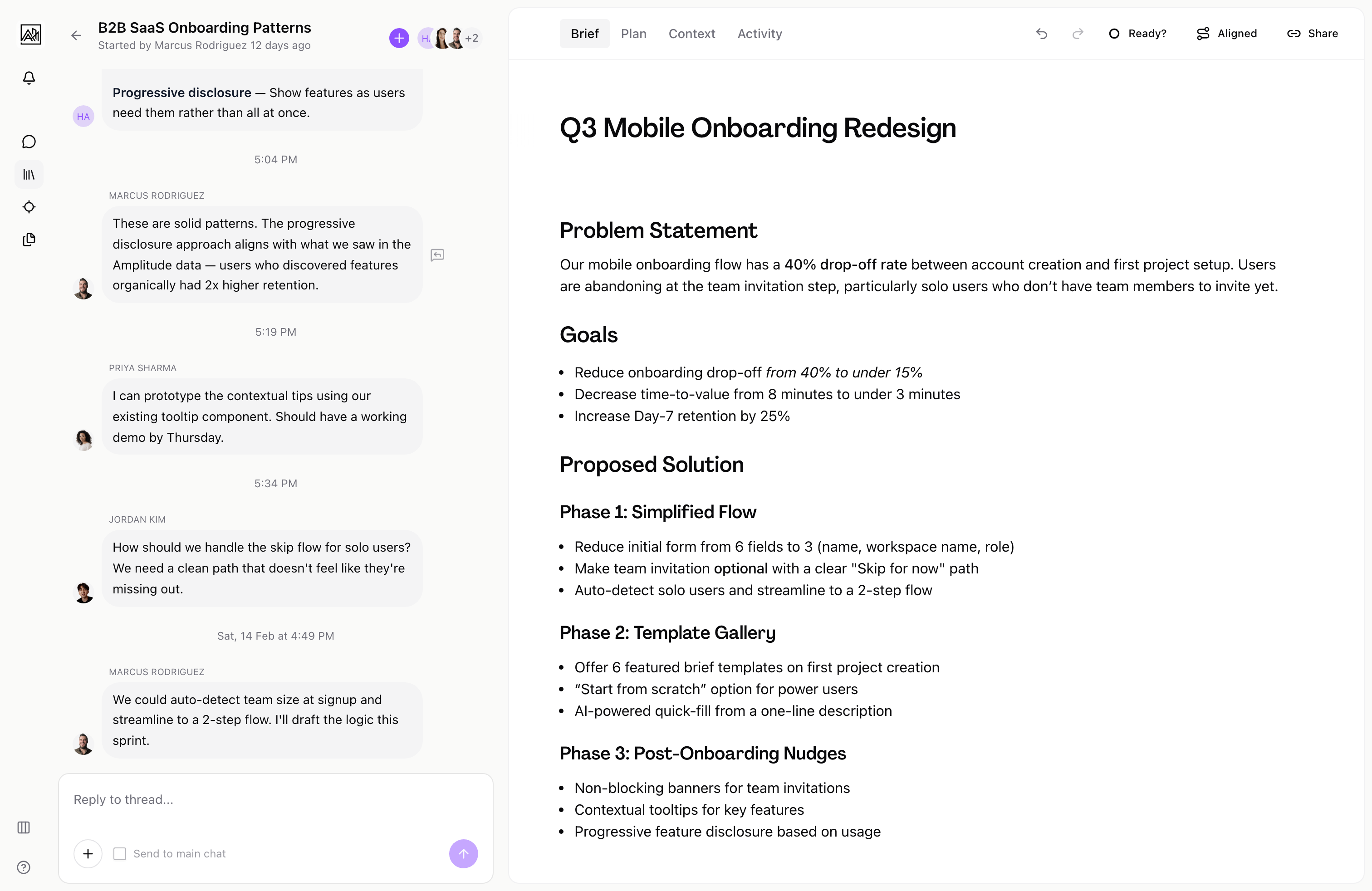 Sub-thread branched from a message showing focused discussion with AI summary