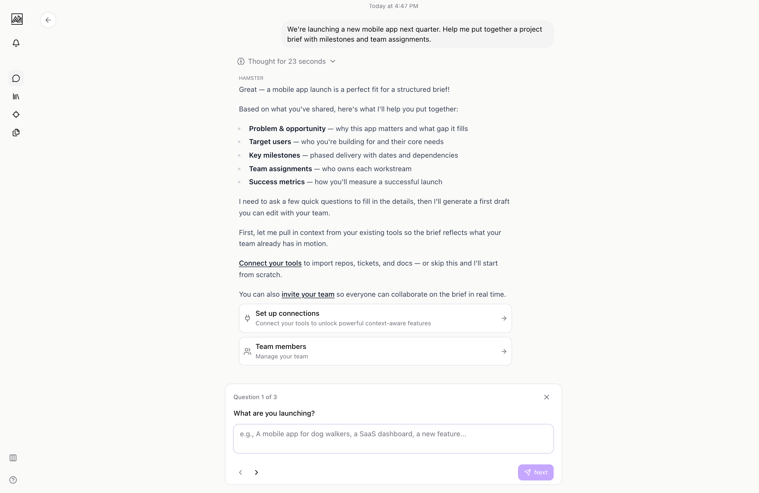 AI conversation with a brief created from the discussion visible in the editor alongside the chat