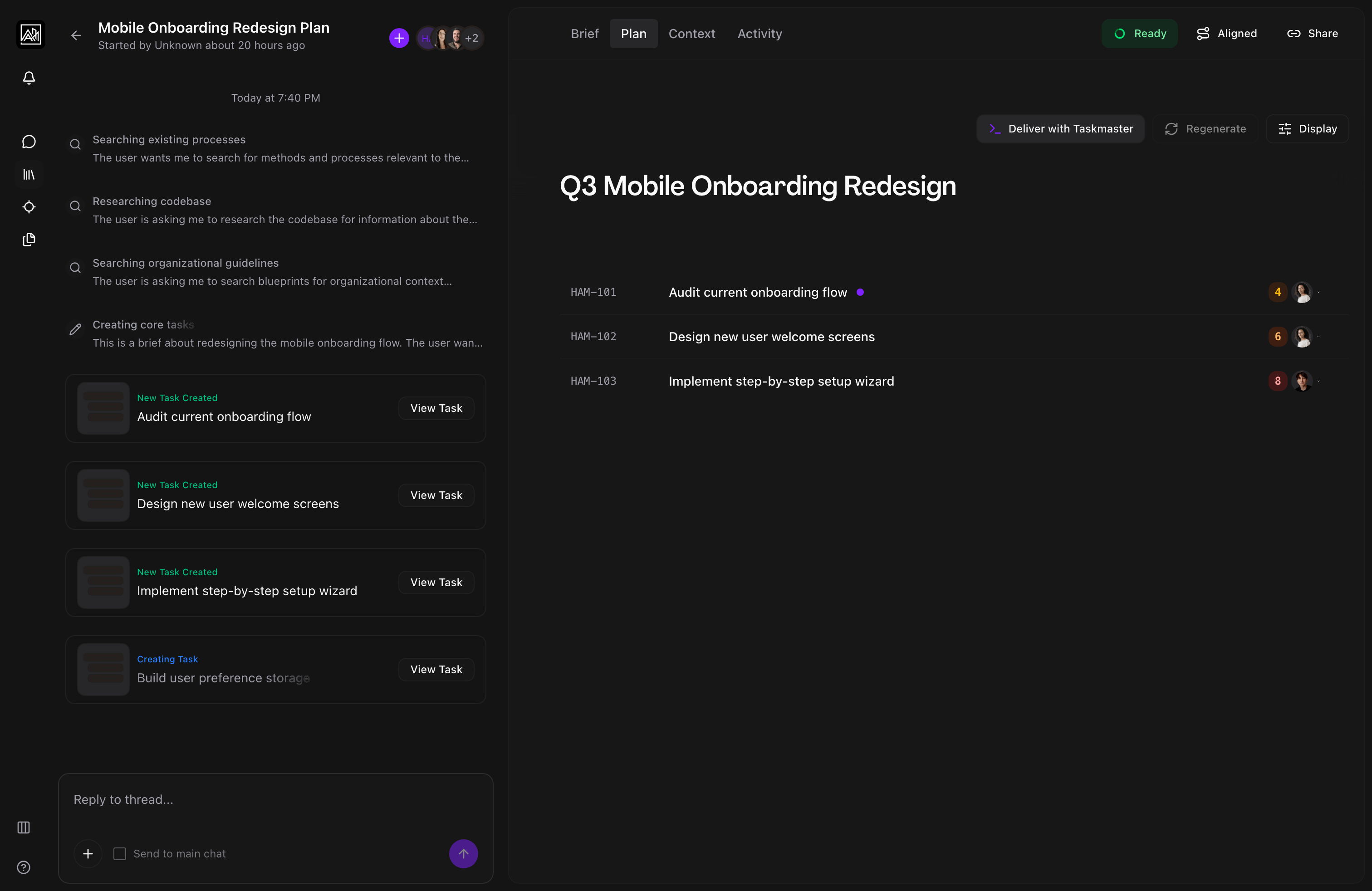 Plan generation in progress with AI research steps and tasks streaming in