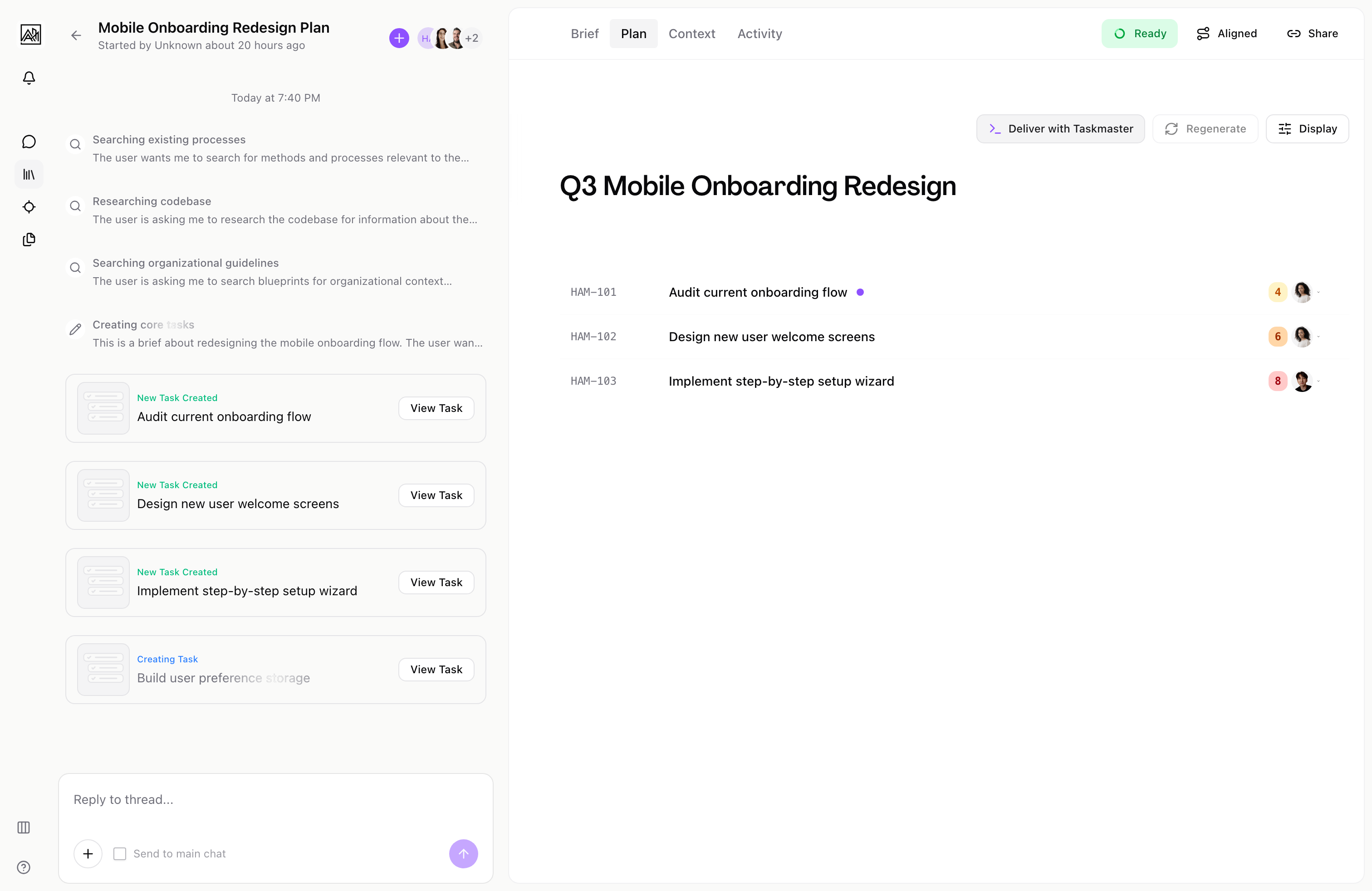 Plan generation in progress with AI research steps and tasks streaming in