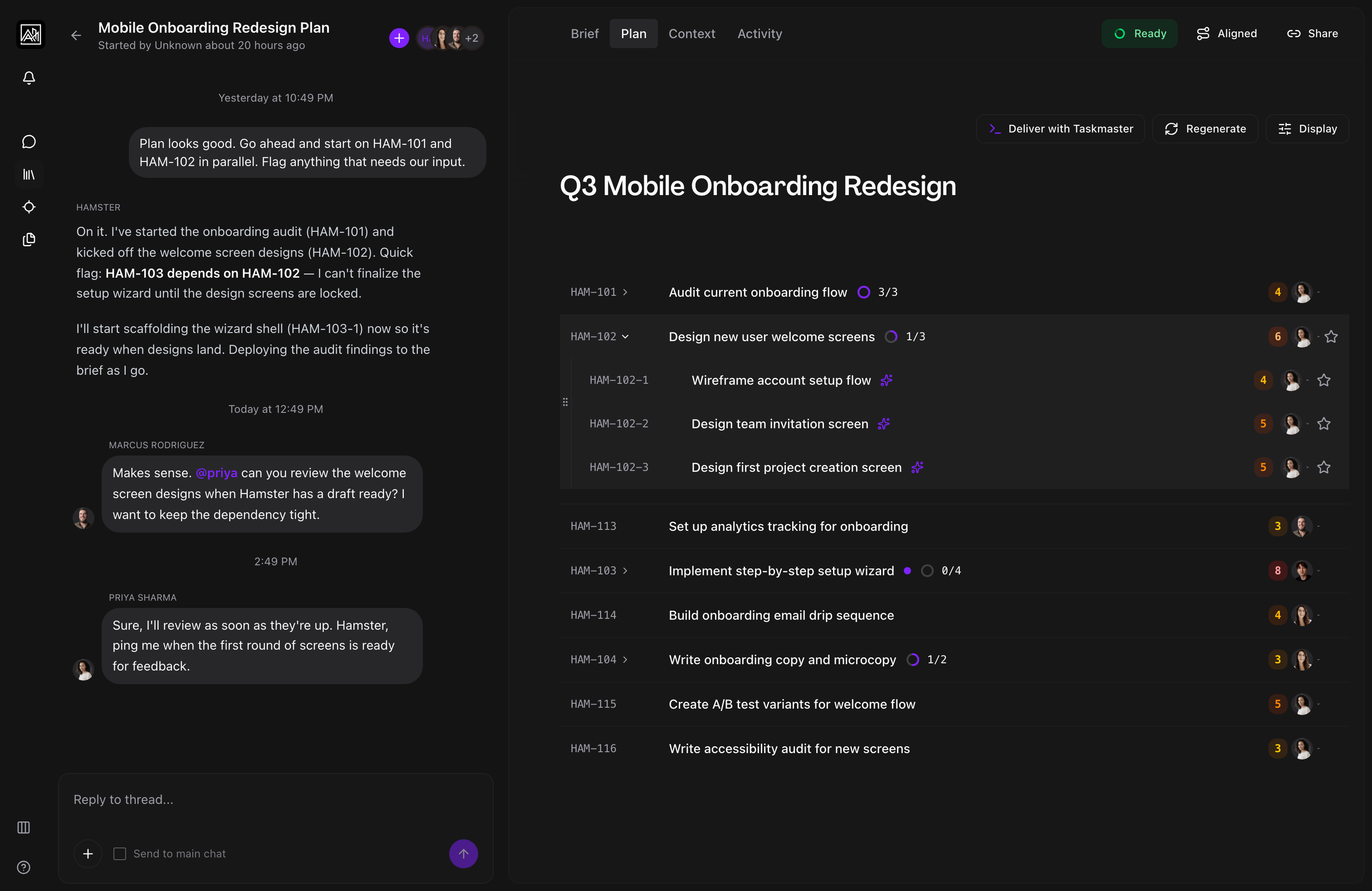 Plan view showing AI-generated task hierarchy with parent tasks and detailed subtasks