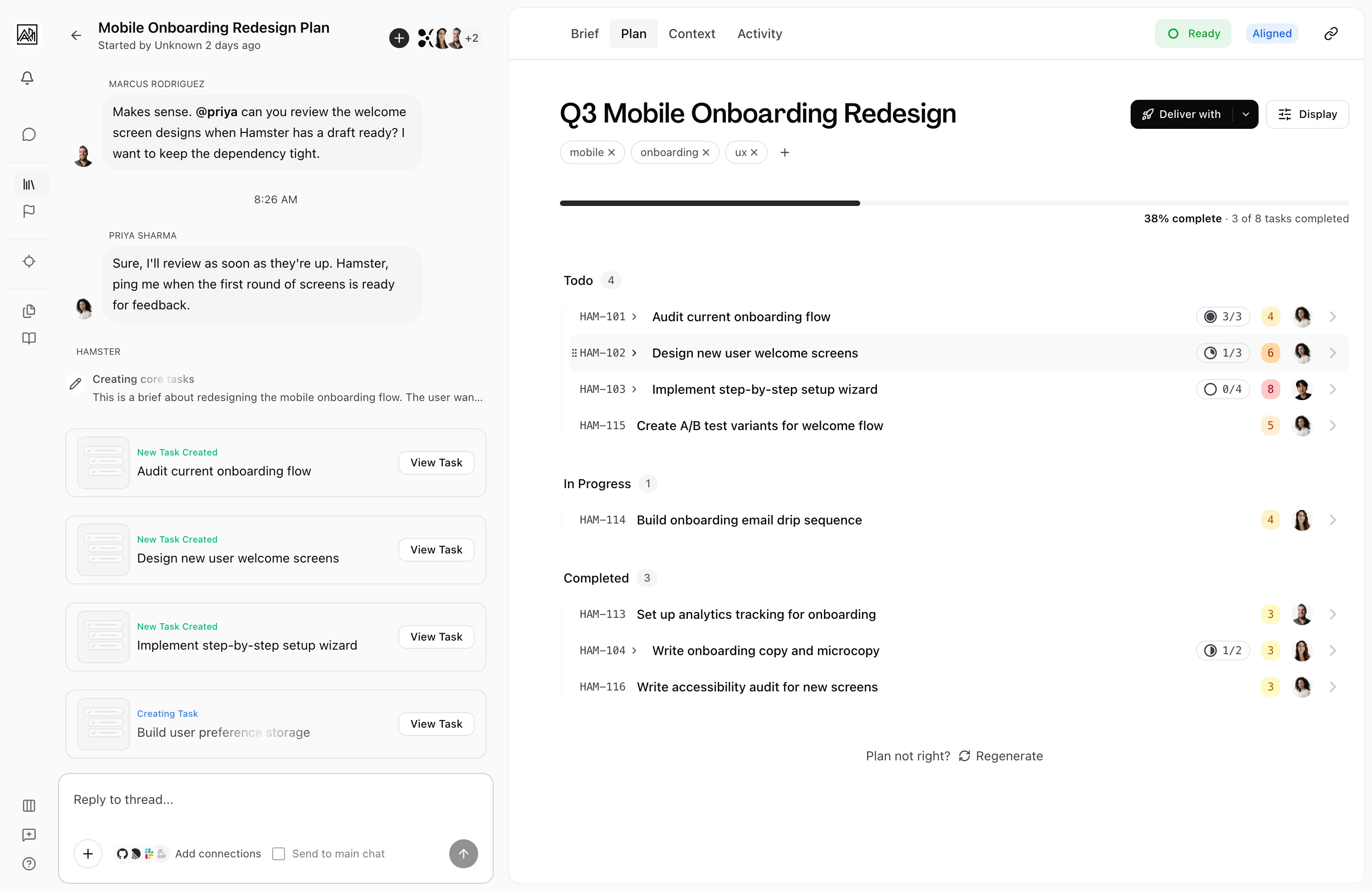 User on the Plan tab of a brief, with the chat on the left and the generated plan on the right. The plan lays out its tasks grouped into Todo, In Progress, and Completed sections, each task carrying status and assignee indicators alongside a progress bar and Ready and Aligned status pills, while the chat shows the brief conversation with the newly created task cards.