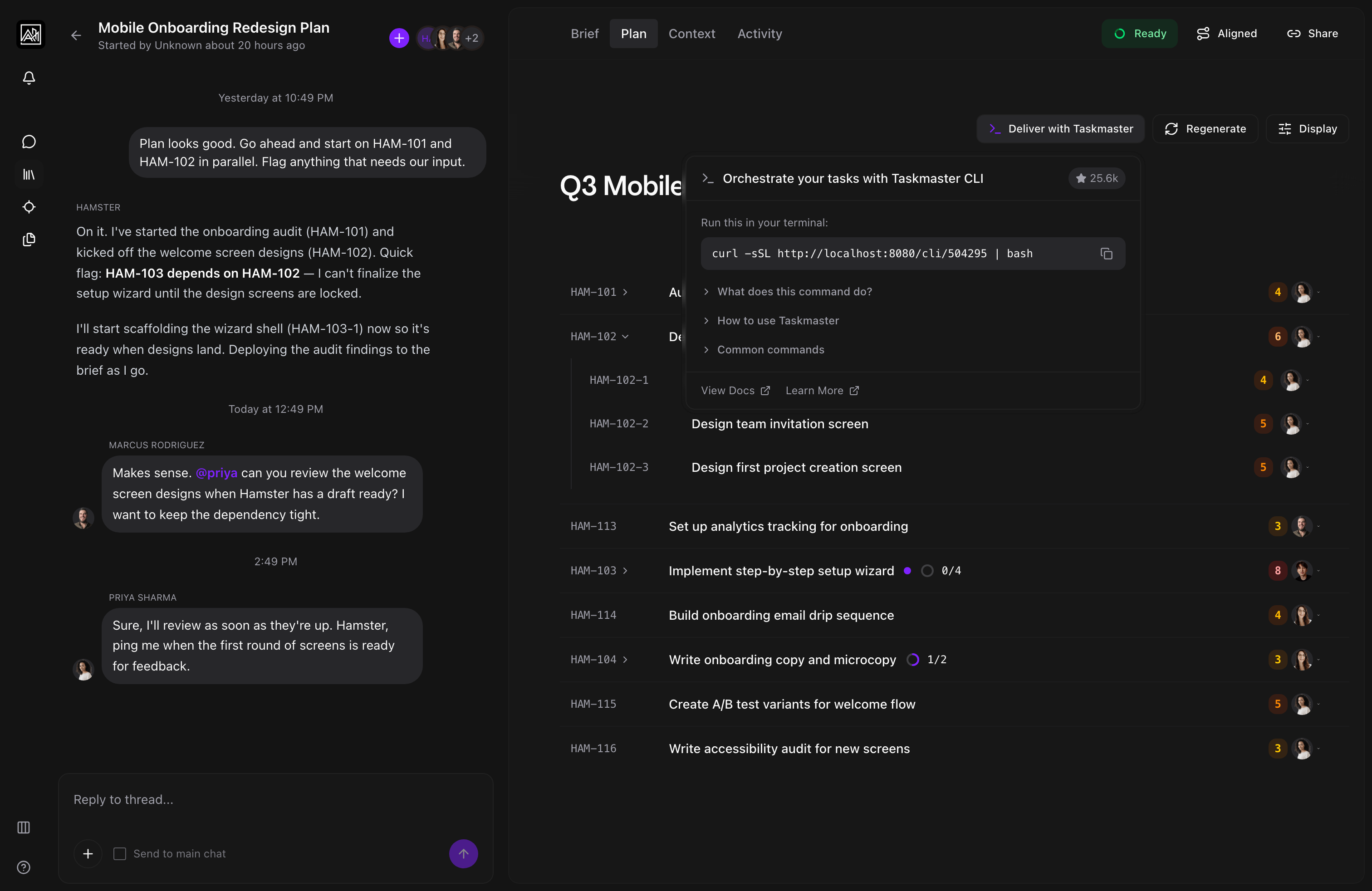 Hamster Studio plan view with Taskmaster CLI delivery popover