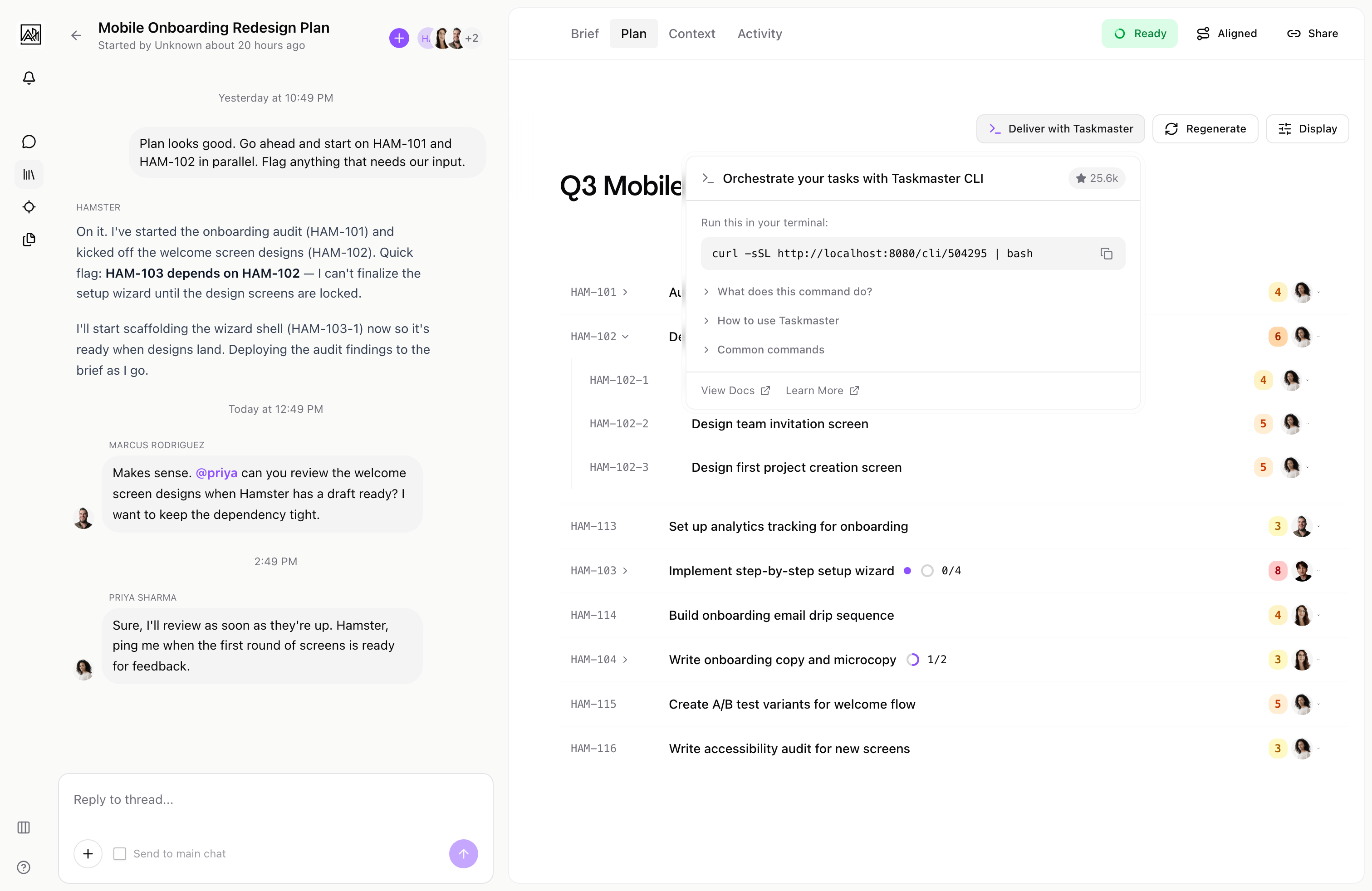 Hamster Studio plan view with Taskmaster CLI delivery popover