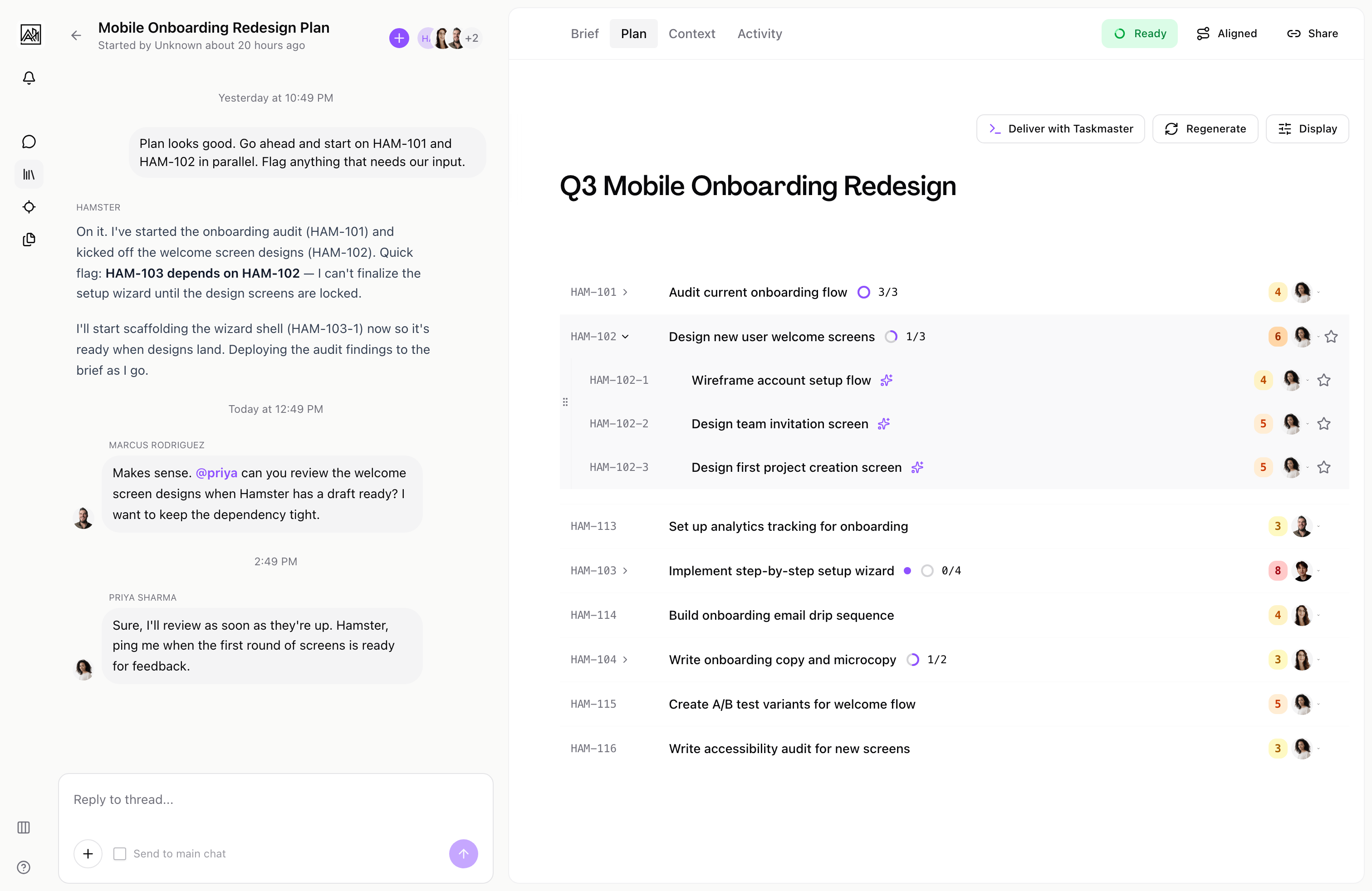 Guided research flow in a brief conversation showing topic selection and source options