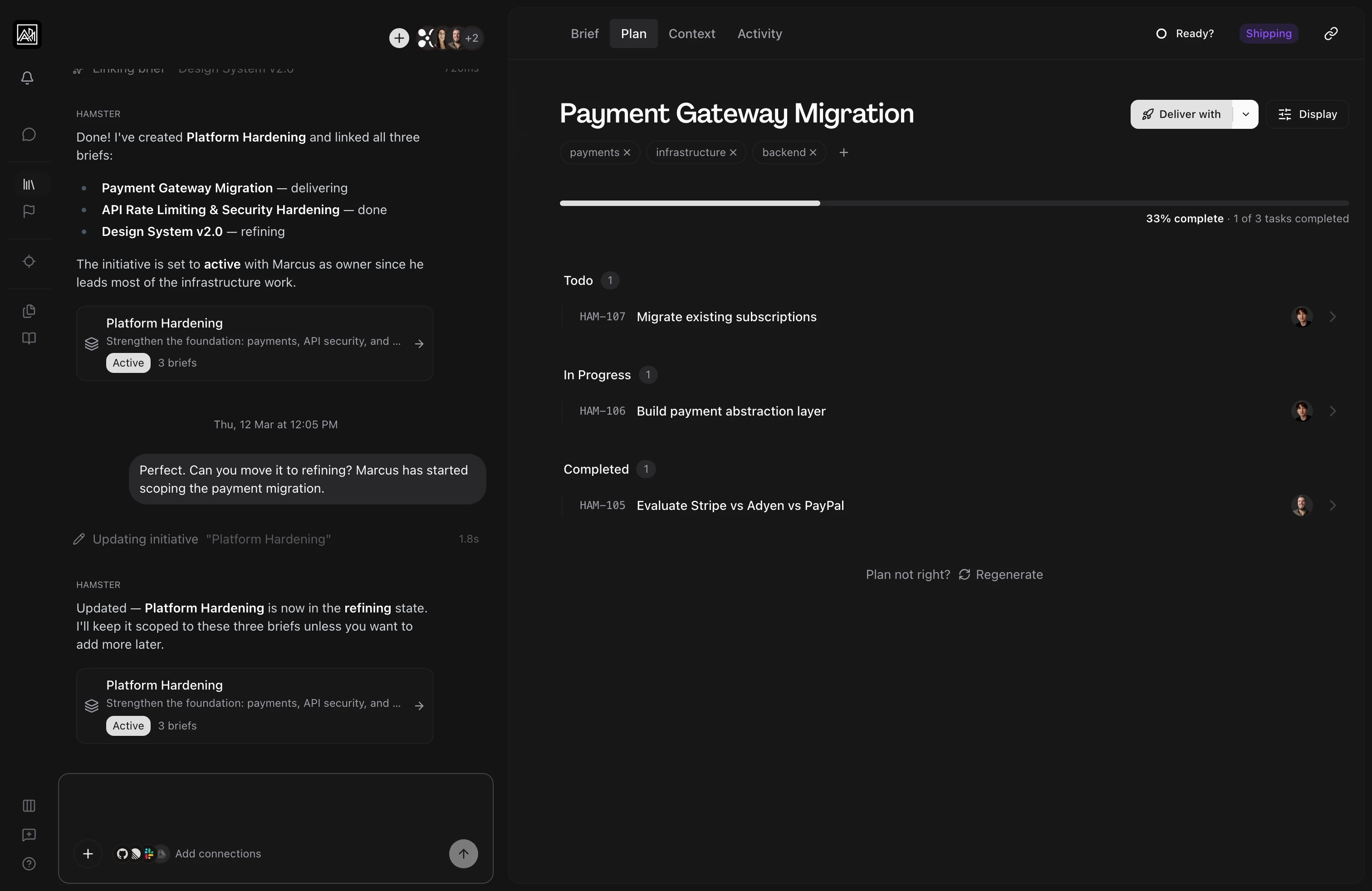 User on the Plan tab of a brief detail view, with the chat pane on the left and the plan's tasks on the right grouped by status into Todo, In Progress, and Completed, each task showing a ticket ID, title, and assignee avatar. A partially filled progress bar sits near the top above a Deliver with and Display toolbar, indicating the full task breakdown laid out by status with delivery a click away from the header.