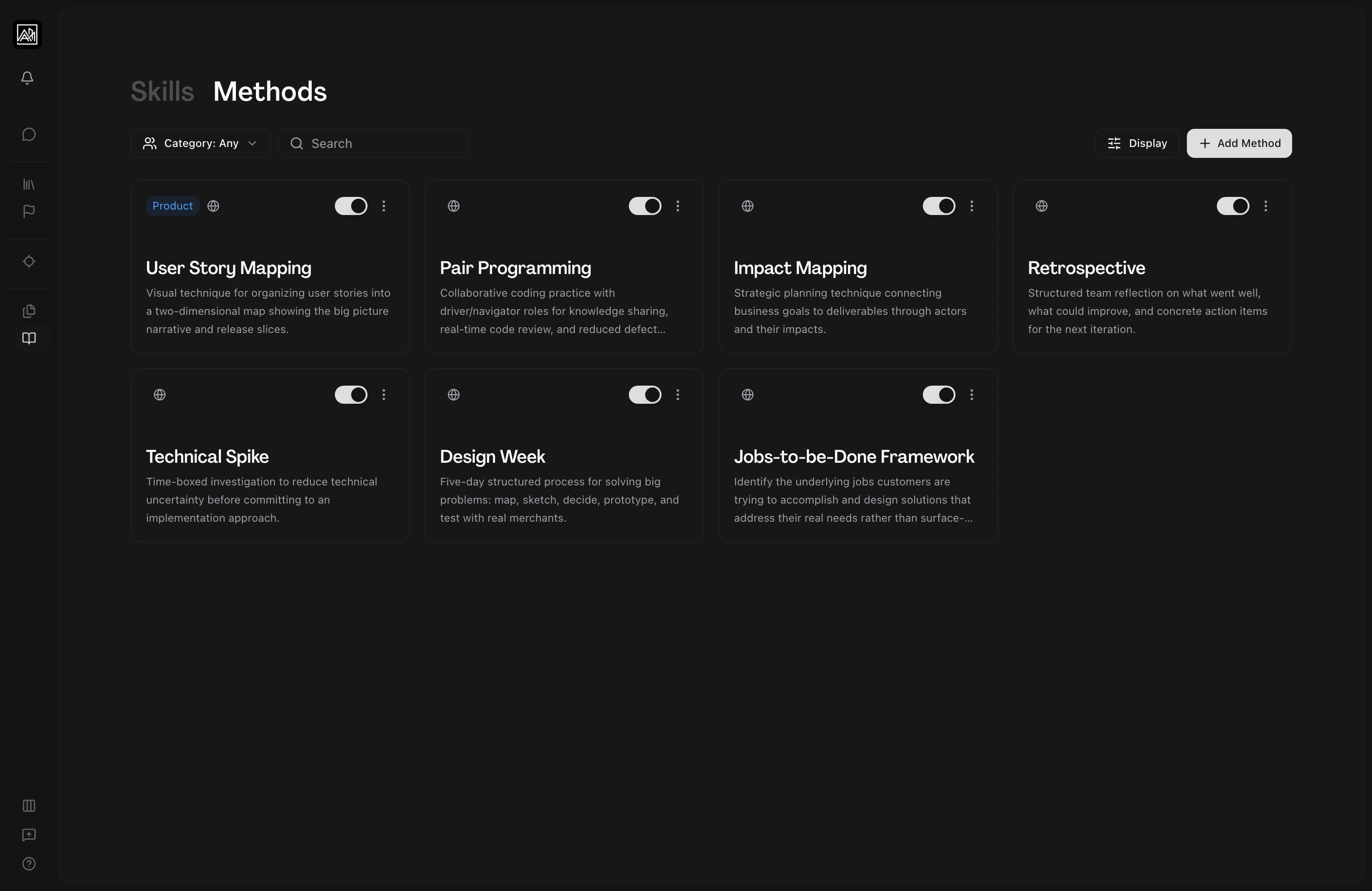 User on the Methods page, displaying a grid of method tiles each carrying a name, description, and visibility toggle, with a Category filter, search, Display control, and Add Method button along the top, indicating the workspace's methods sit in one card view ready to filter, search, and add to.