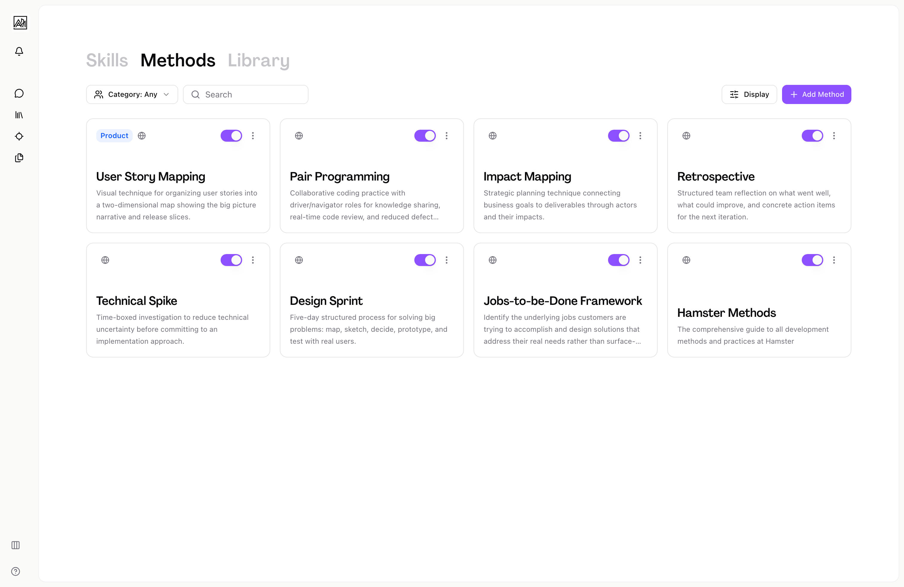 Methods list view showing method cards organized by category