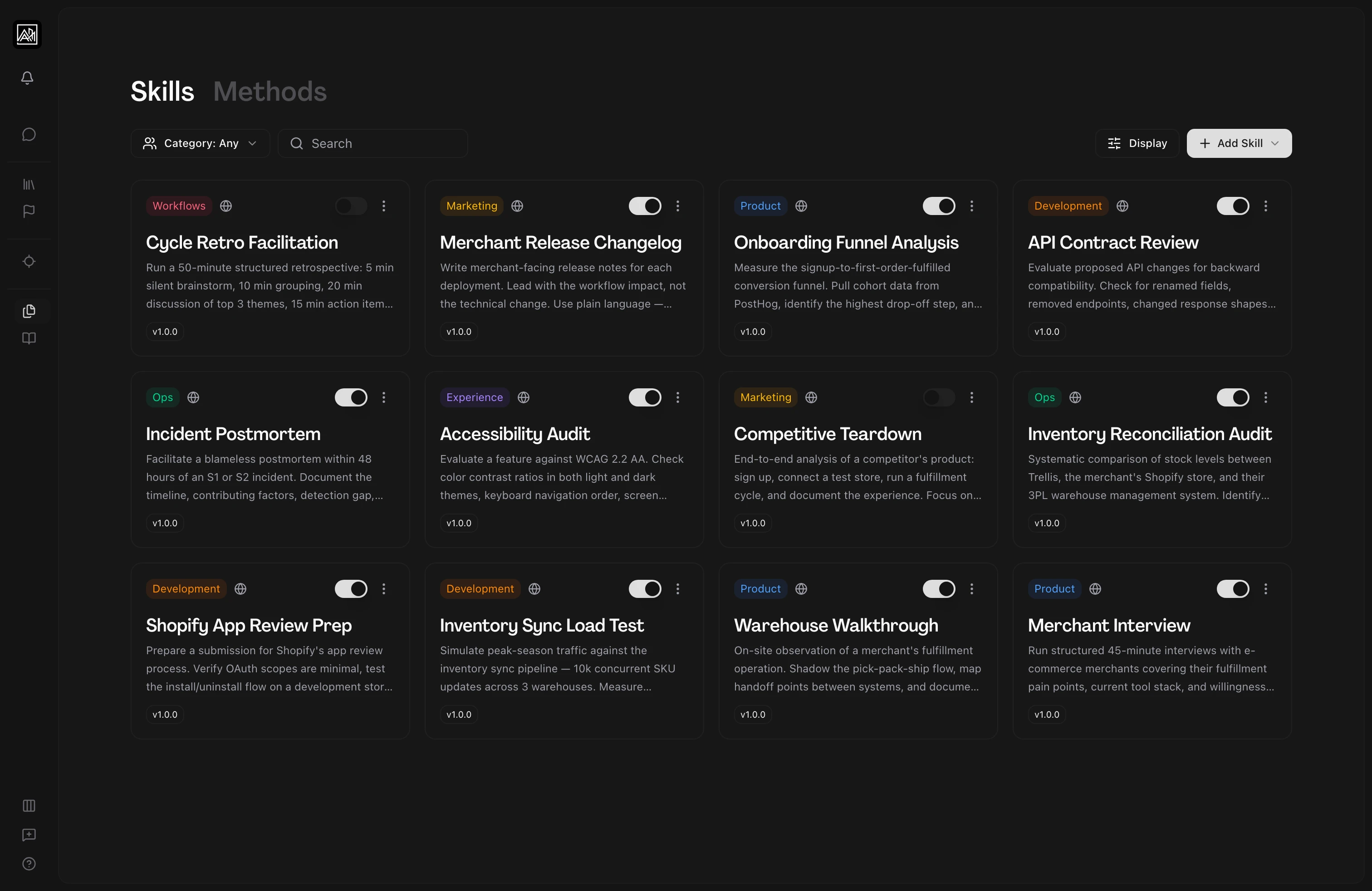 User on the Skills tab of the library, displaying a grid of skill cards each showing a category tag, enable toggle, title, description, and version, with a Category filter, search field, and Add Skill button in view.