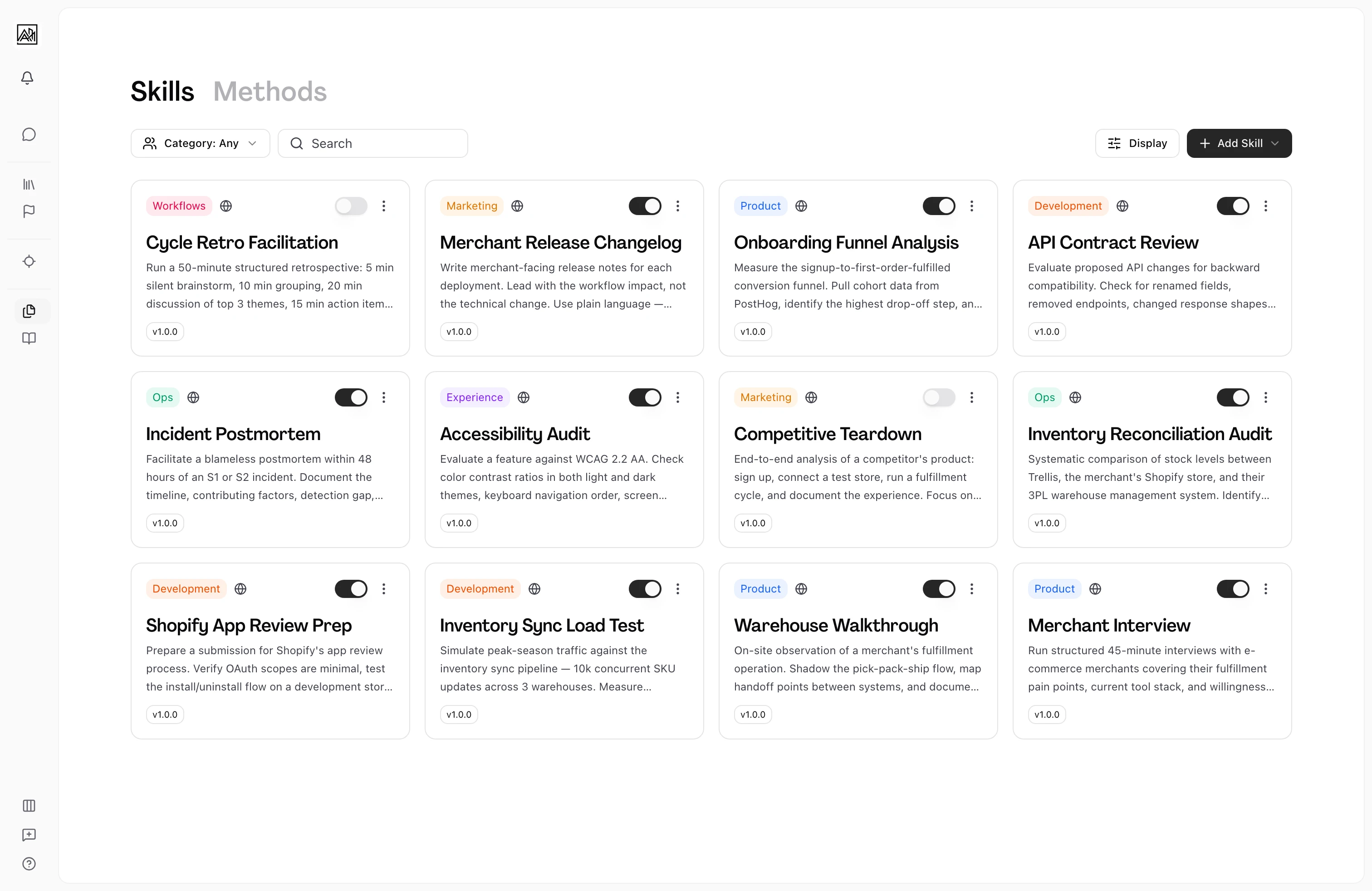 User on the Skills tab of the library, displaying a grid of skill cards each showing a category tag, enable toggle, title, description, and version, with a Category filter, search field, and Add Skill button in view.