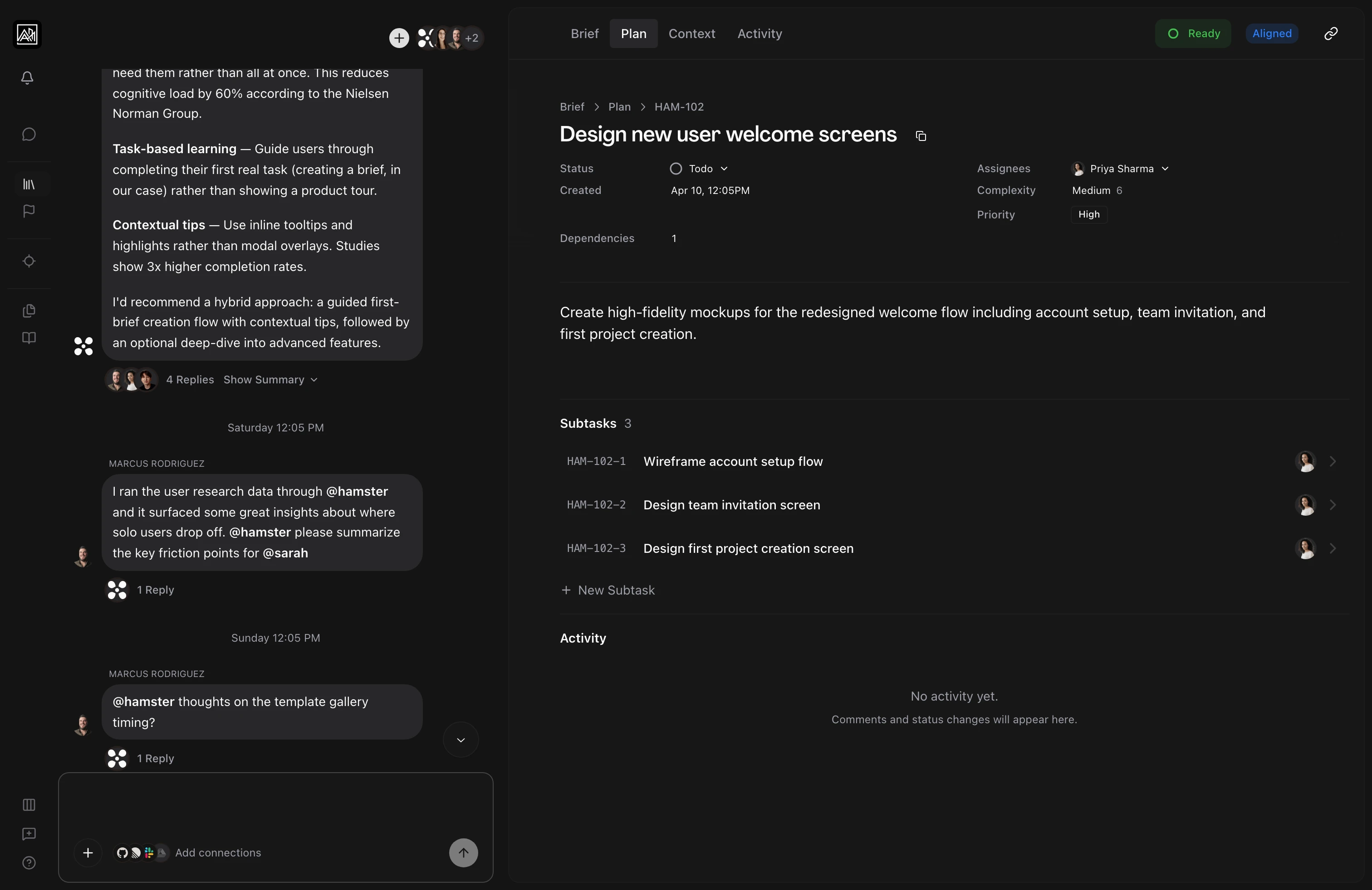 User on the Plan tab of a brief, with a task detail panel open beside the conversation thread on the left, the panel showing Status, Assignees, Complexity, and Priority fields above a description and a Subtasks list carrying assignee avatars.