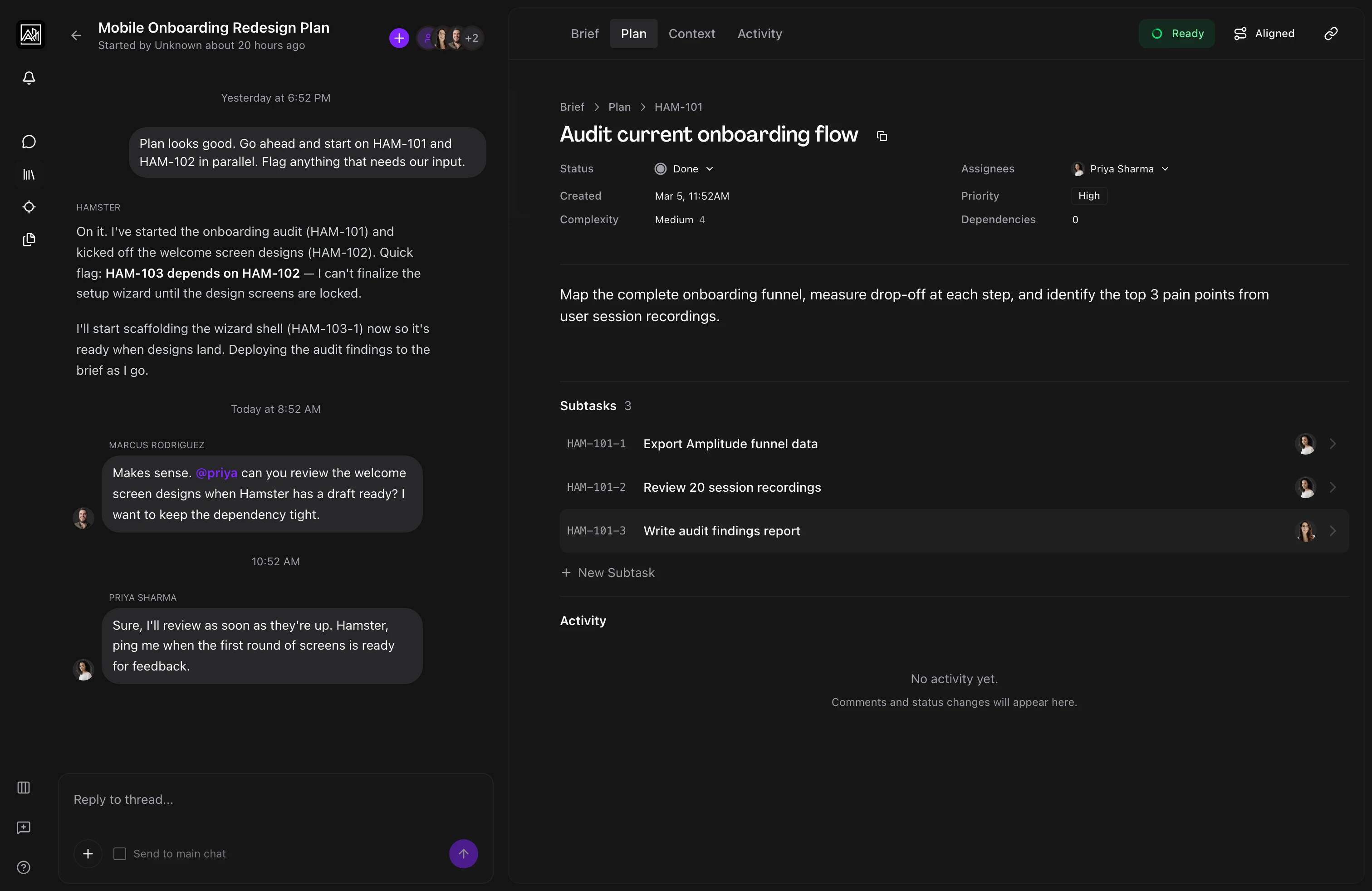 Hamster task detail view with implementation-ready spec, context, and acceptance criteria