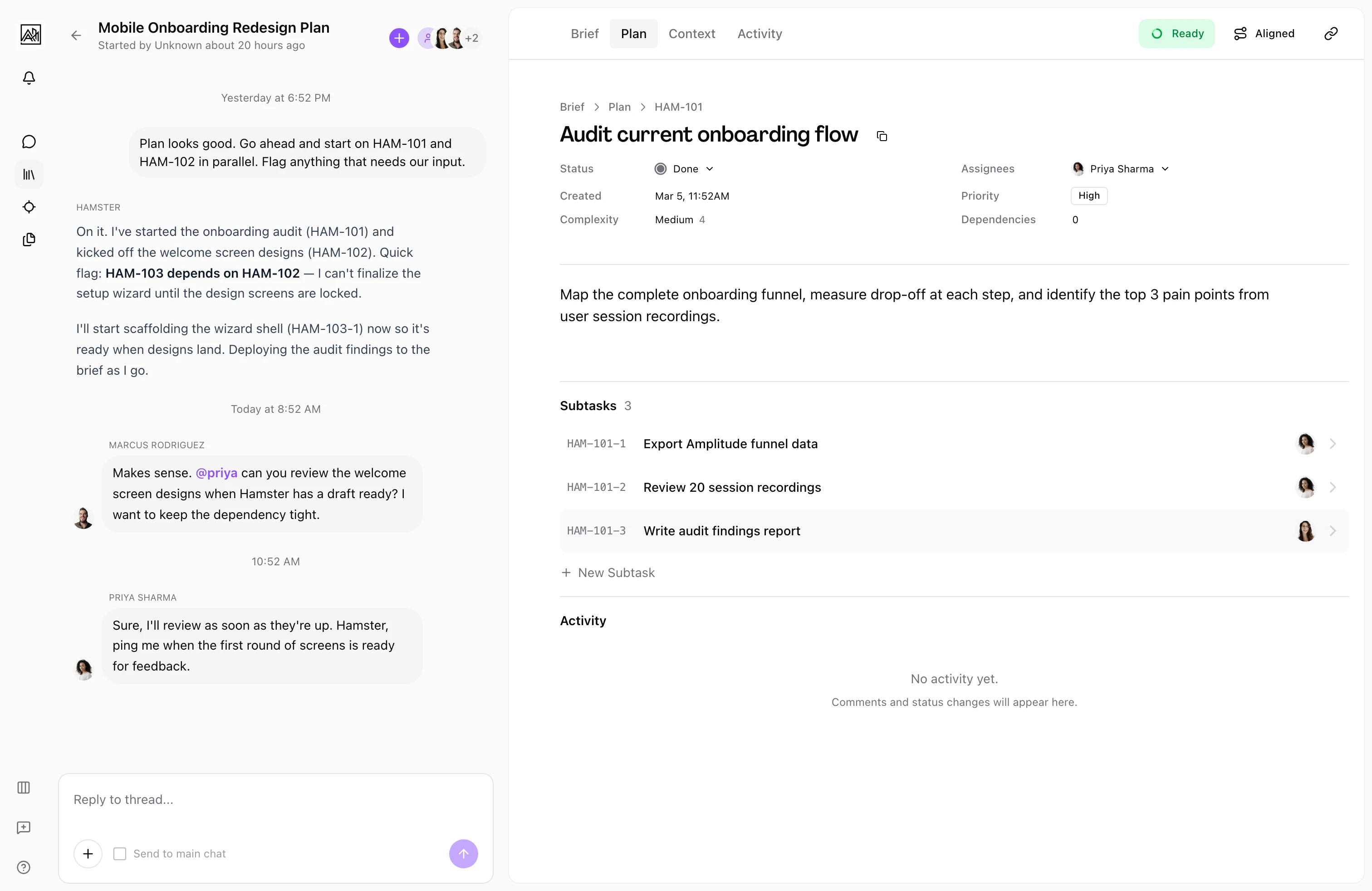 Hamster task detail view with implementation-ready spec, context, and acceptance criteria