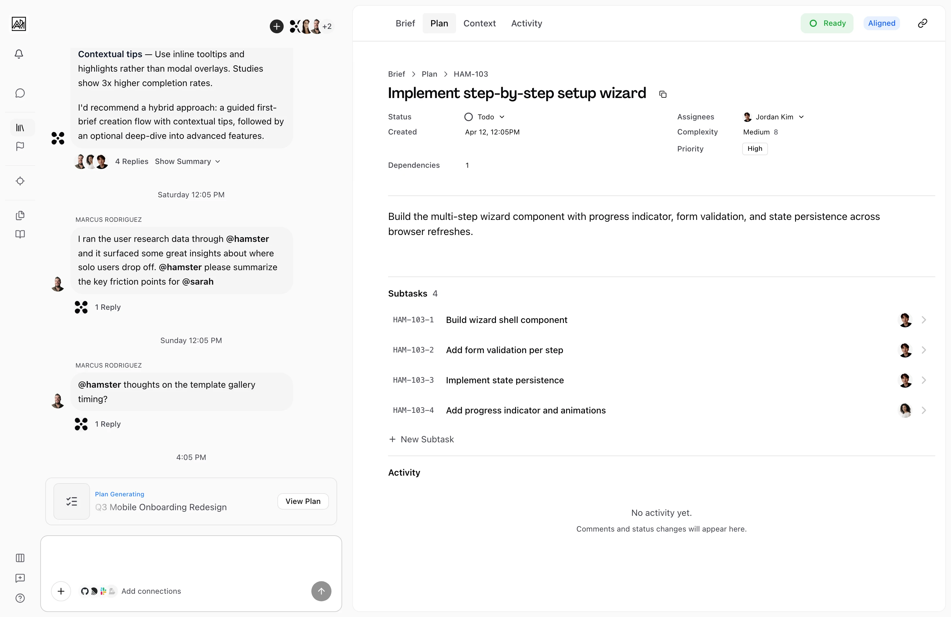 User on the Plan tab of a task detail view, showing the task status set to Todo with assignee, complexity, and priority fields, a description, a numbered Subtasks list, and an empty Activity section.
