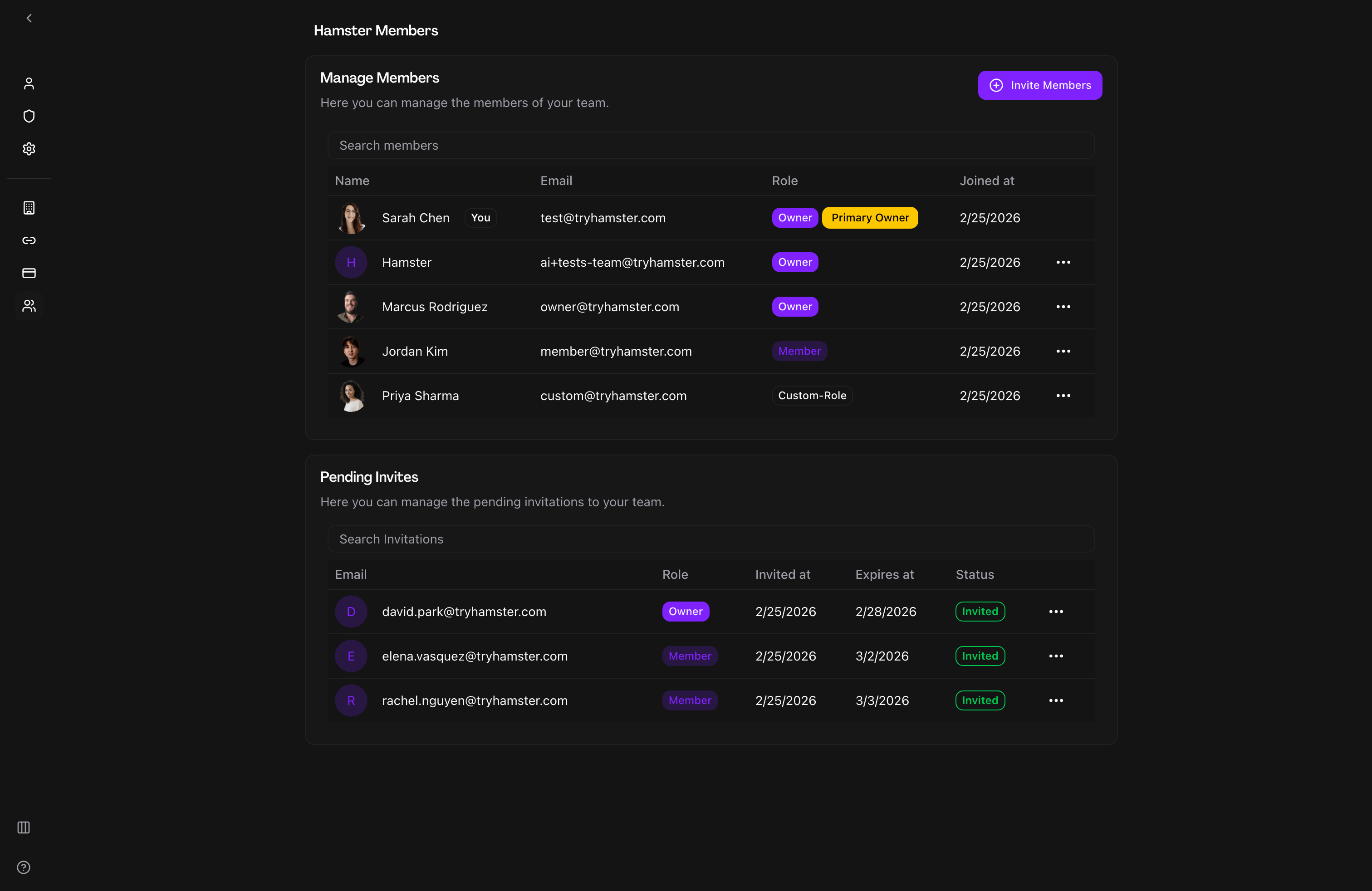 Team members list showing workspace members and their roles