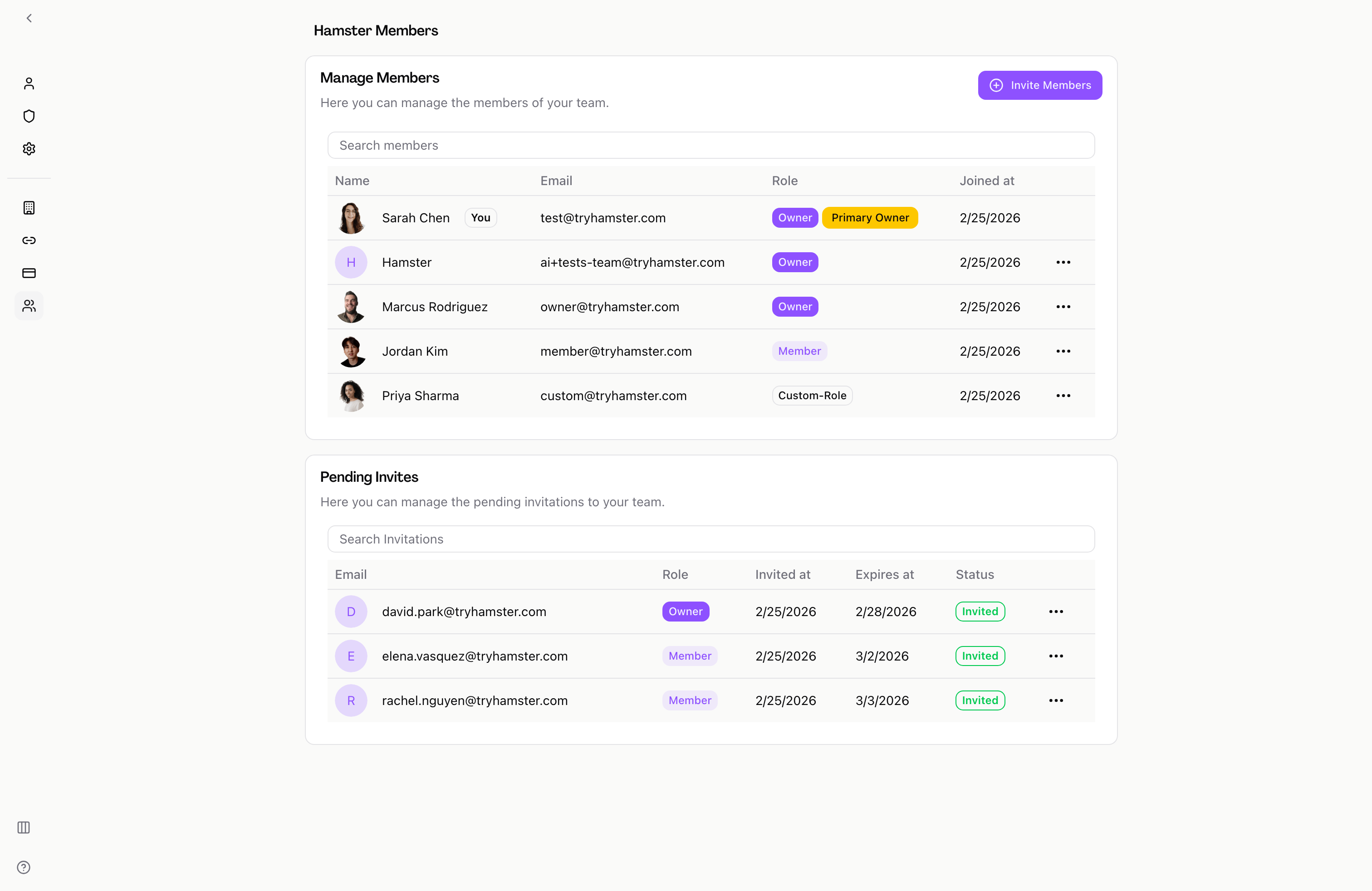 Team members list showing workspace members and their roles