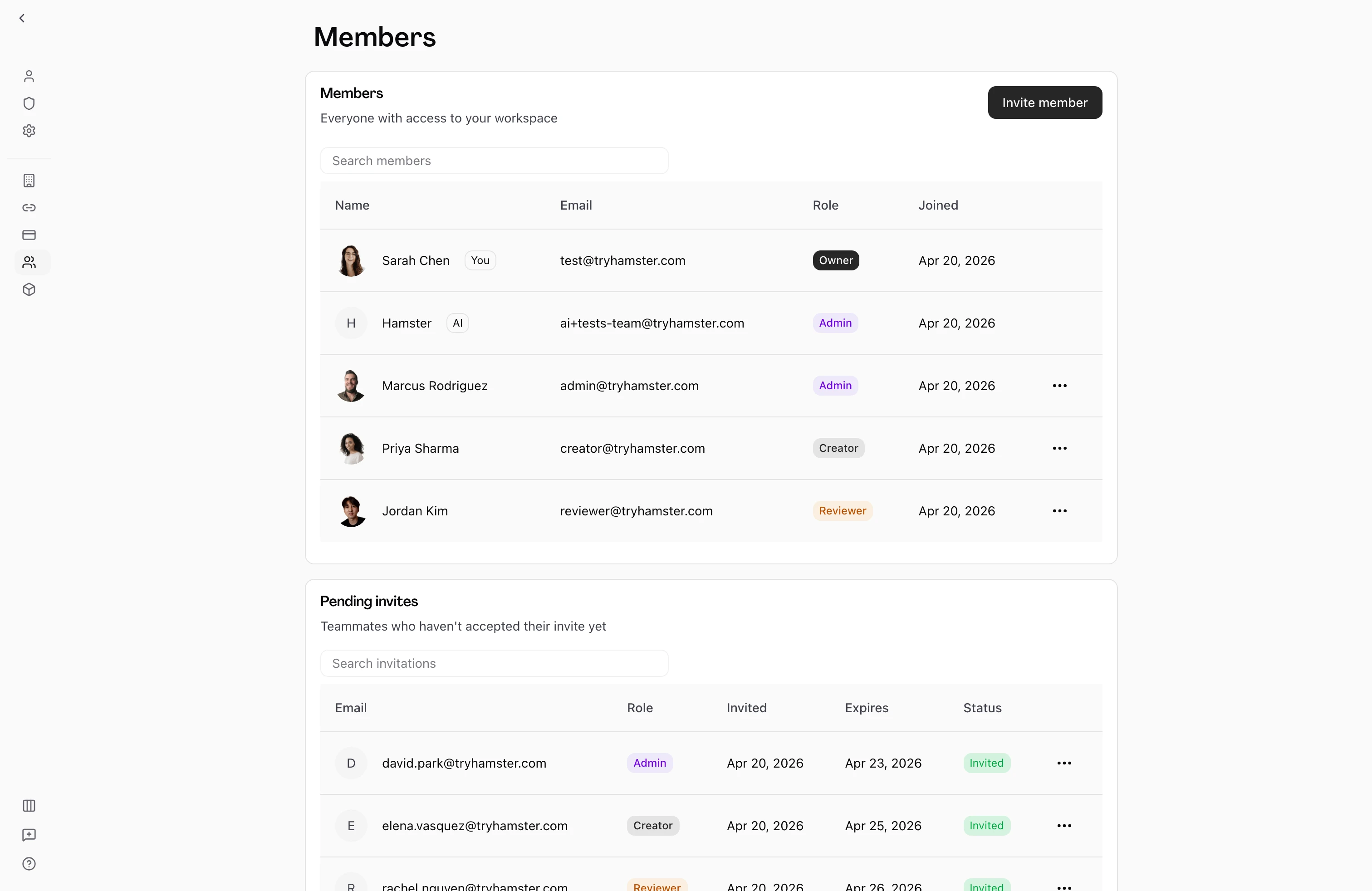 Team members list showing workspace members and their roles